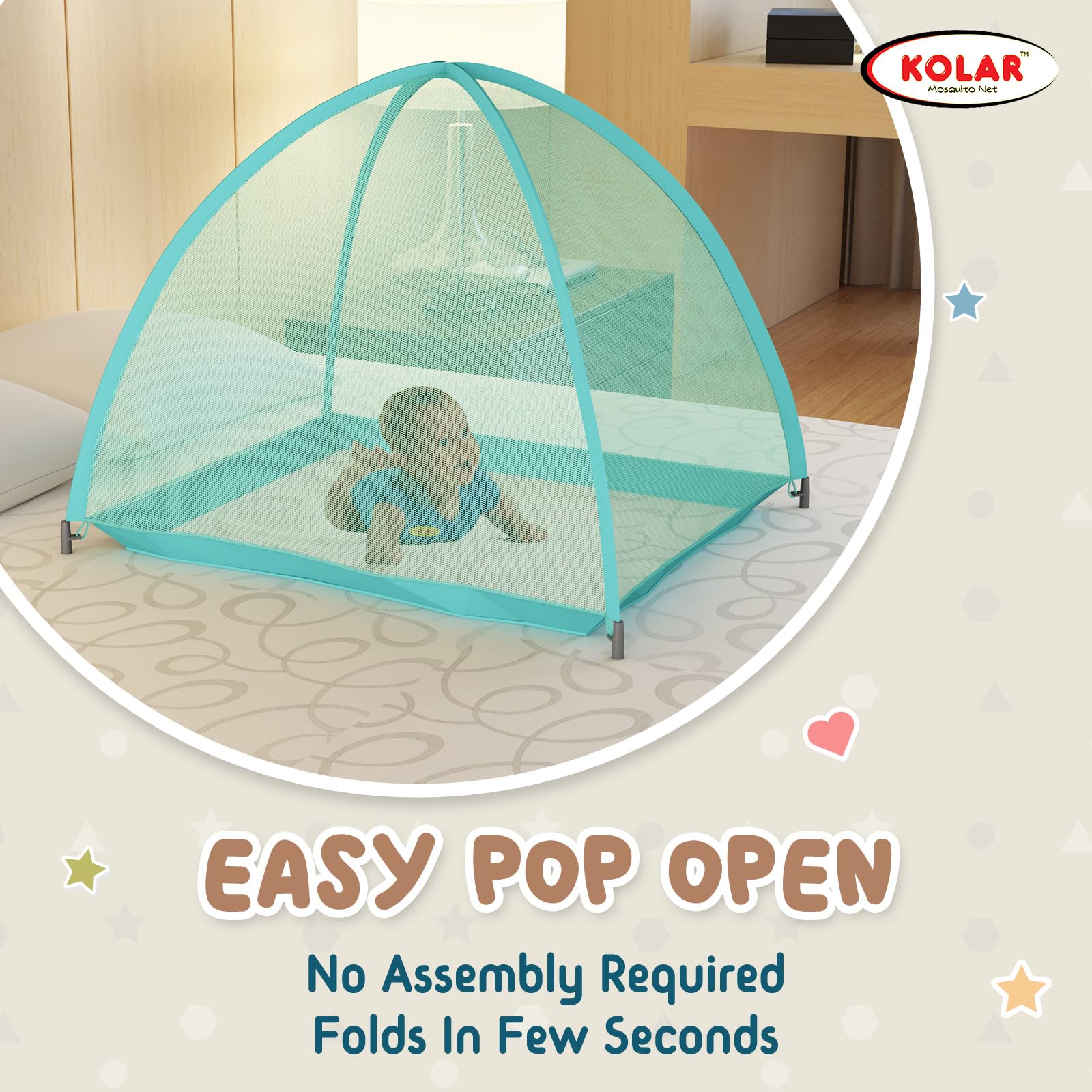 Kolar Baby Mosquito Net | Foldable Tent-Style Bottomless Crib Machardani | Washable Polyester | Durable Corrosion-Resistant Frame | Anti-Bug Protection for Infants | Green Color 3