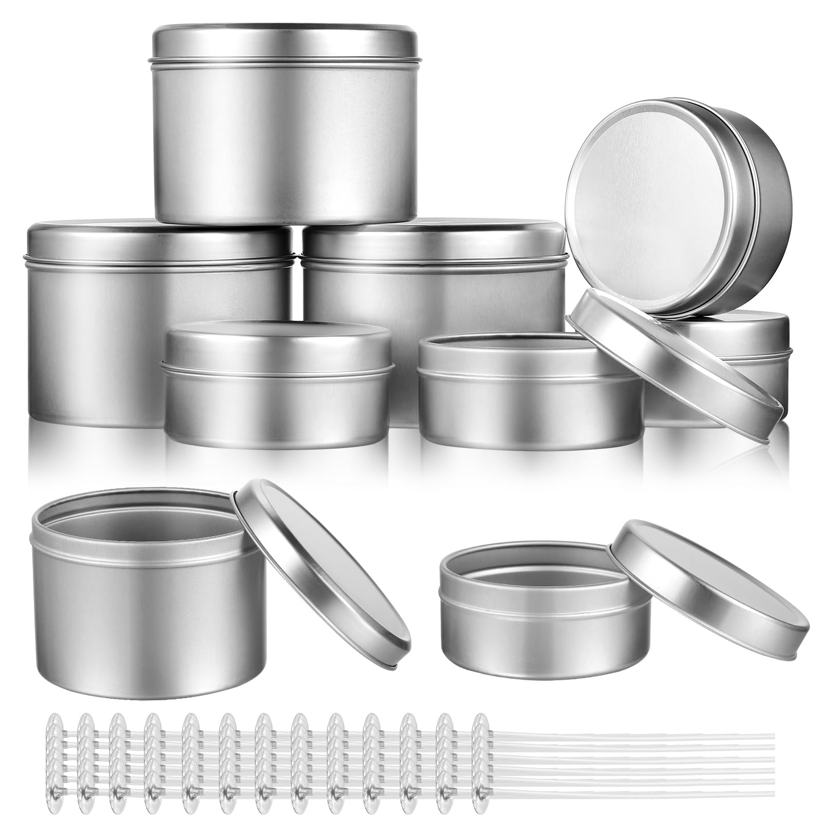 FOMIYES Candle Tins 12pcs Candle Container with 200 pcs Candle Wicks, Round Aluminum Candle Case Box for DIY Candle Making(Two Sizes, 2.36in, 2.16in)