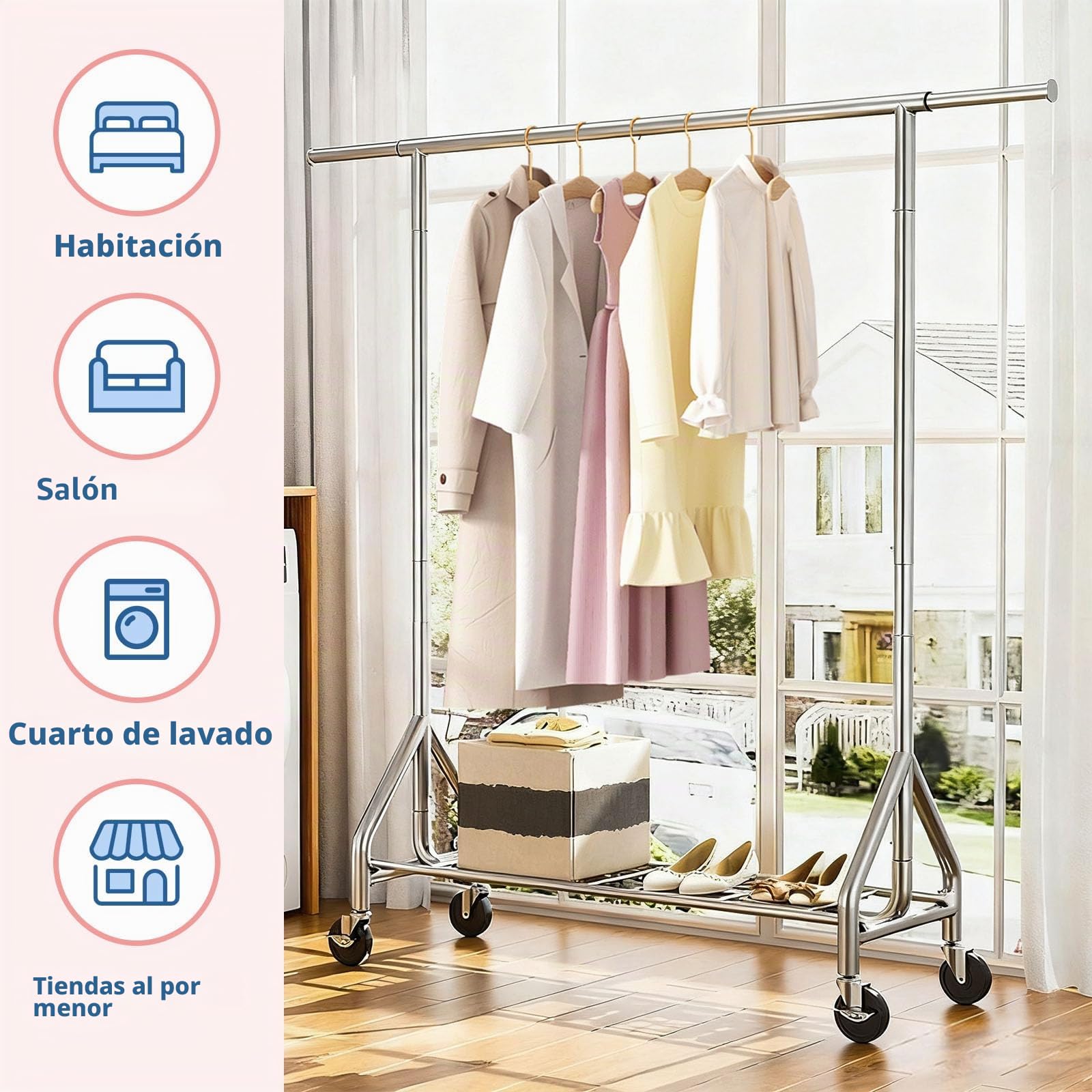 Perchero Burro Ropa,Extensible,Ruedas Grandes | 100% Acero Inoxidable,Carga 345 kg, Extensible con Estantes