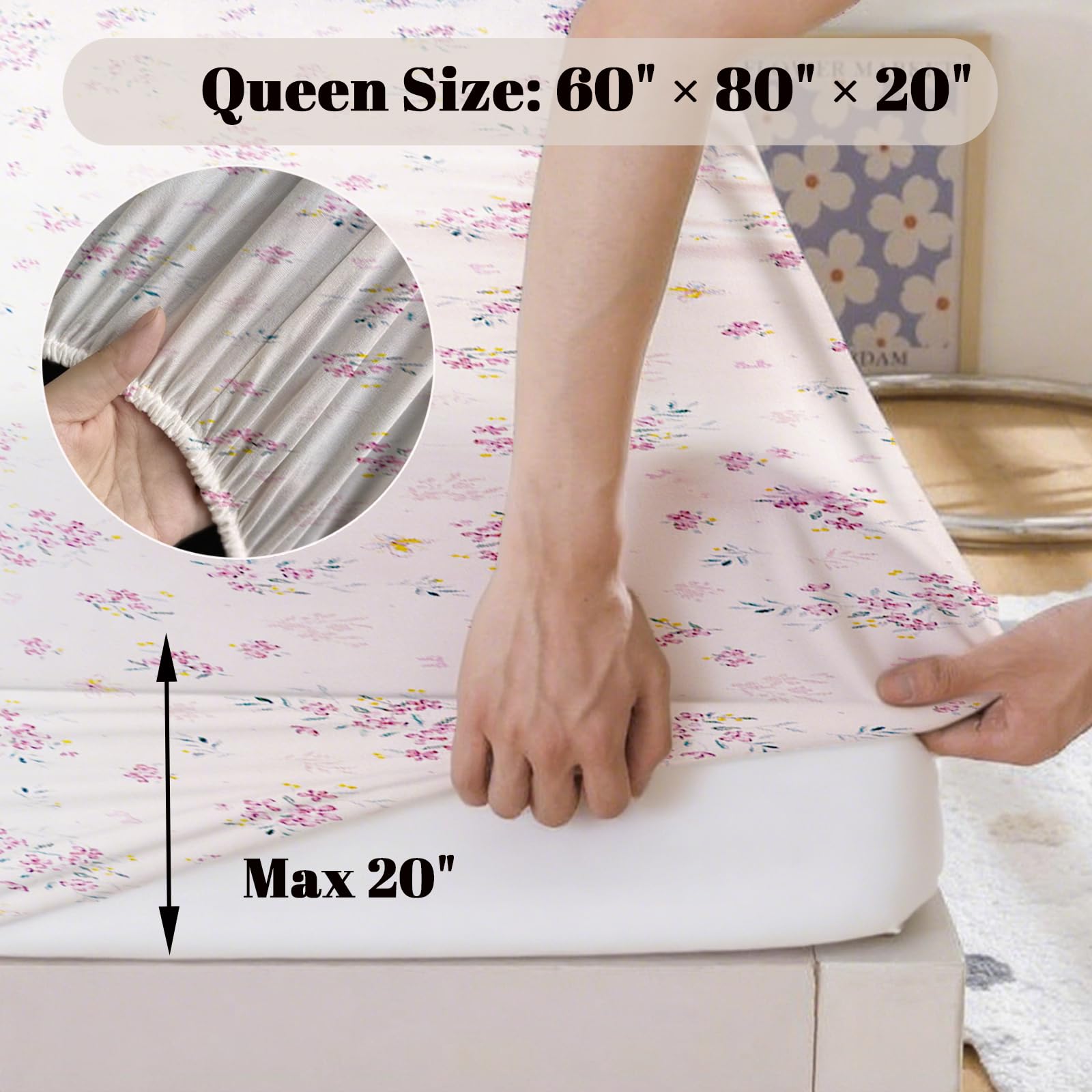 MorroMorn Queen Fitted Sheet Only, Mattress Cover Queen Size Bed Bottom Sheets with Deep Pocket - Cute Neutral Super Soft Microfiber for Girls Kids Teen, No Pillowcases 60x80x20in (Pink Flowers)