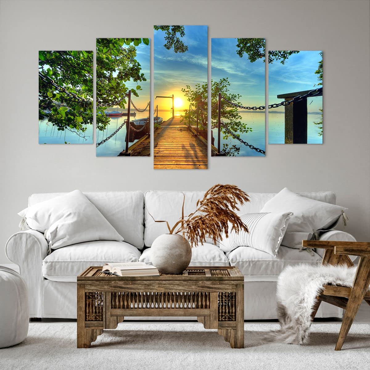 Wandbilder Dekoration Wohnzimmer See Sonnenuntergang Boot Landschaft Bilder auf Leinwand 160x85cm Leinwandbild Schlafzimmer Set 5 teilige Kunstdruck Art Groß XXL Wanddeko Bild Canvas EA160x85-2573