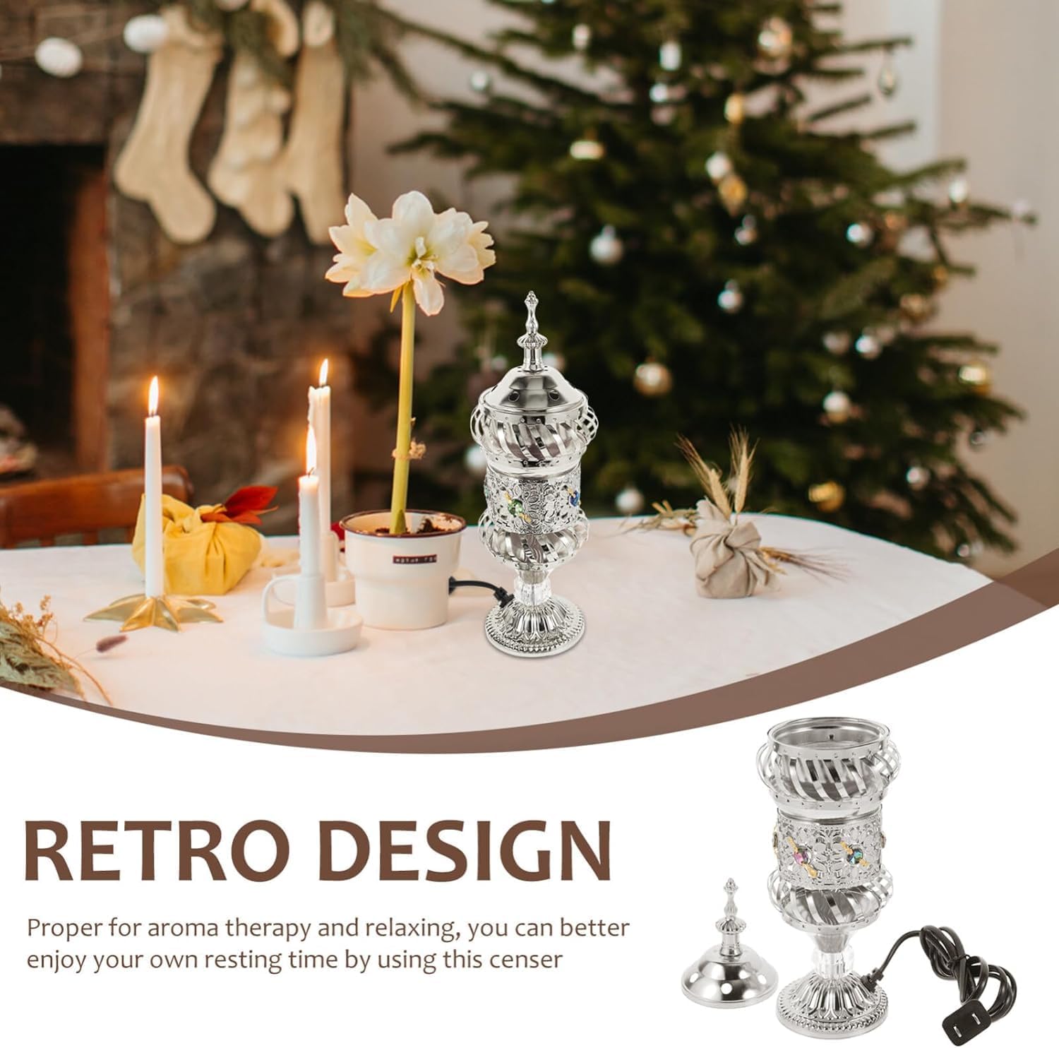 RCFINE Electric Incense Burner Bakhoor Metal Incense Burner Middle Eastern Style Arabic Incense Burner for Aromatherapy Yoga Spa Home Tabletop Decoration (Silver)