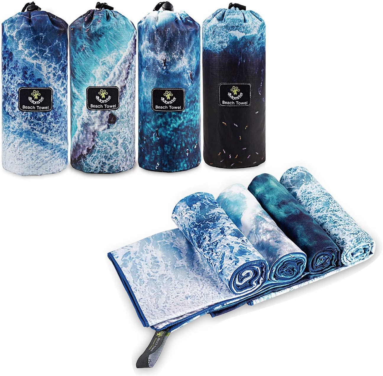 4Monster Asciugamano da spiaggia in microfibra, ultra leggero, resistente alla sabbia, ad asciugatura rapida, assorbente, per spiaggia, piscina, sport acquatici, yoga, fitness, set da 4 (80 x 160 cm)
