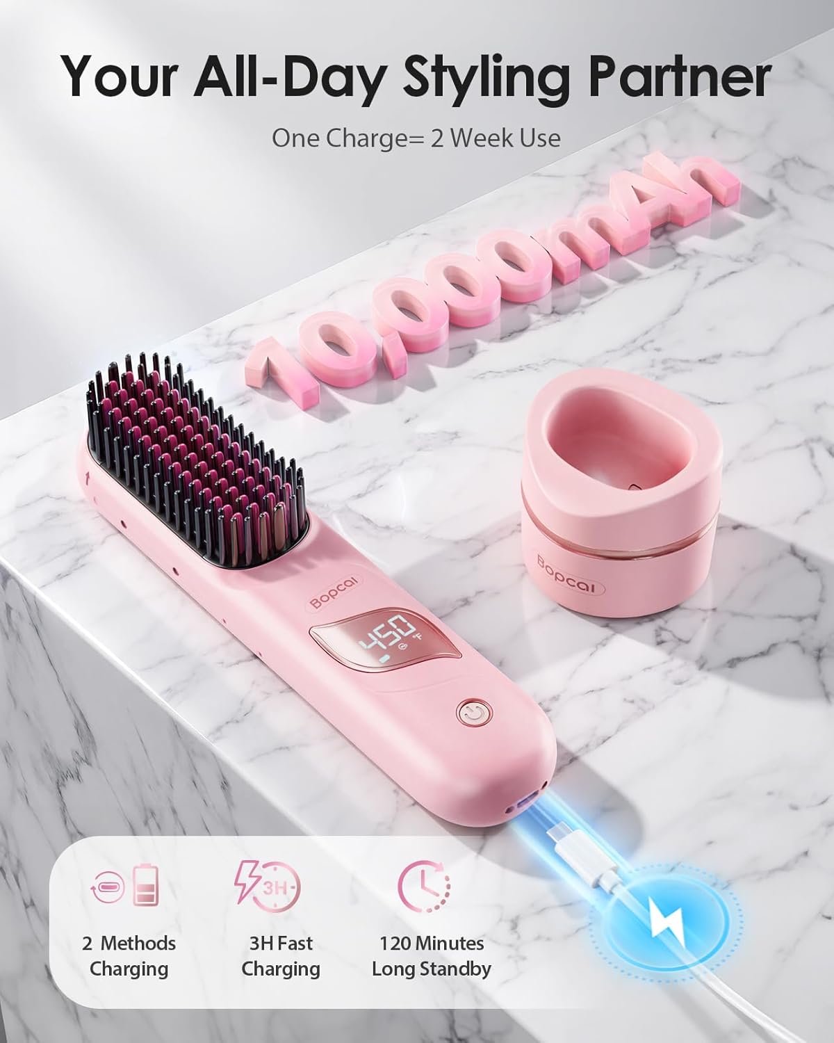 Cordless Hair Straightener Brush with Charging Dock, Portable Travel Hair Straightening Brush with 300M Negative Ions, 10,000mAh Battery, Fast Heating Anti-Frizz Ionic Styling Comb for Women