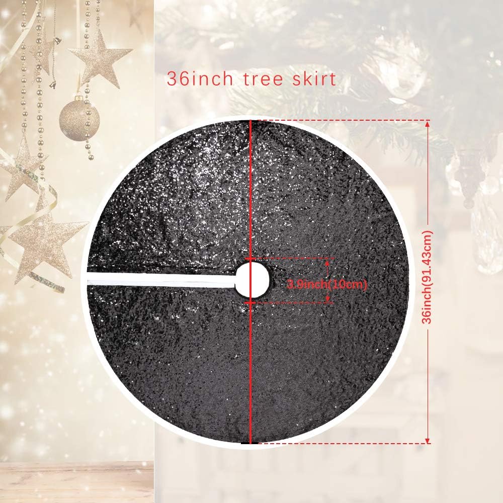 Merry Sequin Tree Skirt 36 Inch Large Christmas Tree Skirt Black Luxury Sequin Round Skirts for Tabletop Under Xmas Tree Decorations