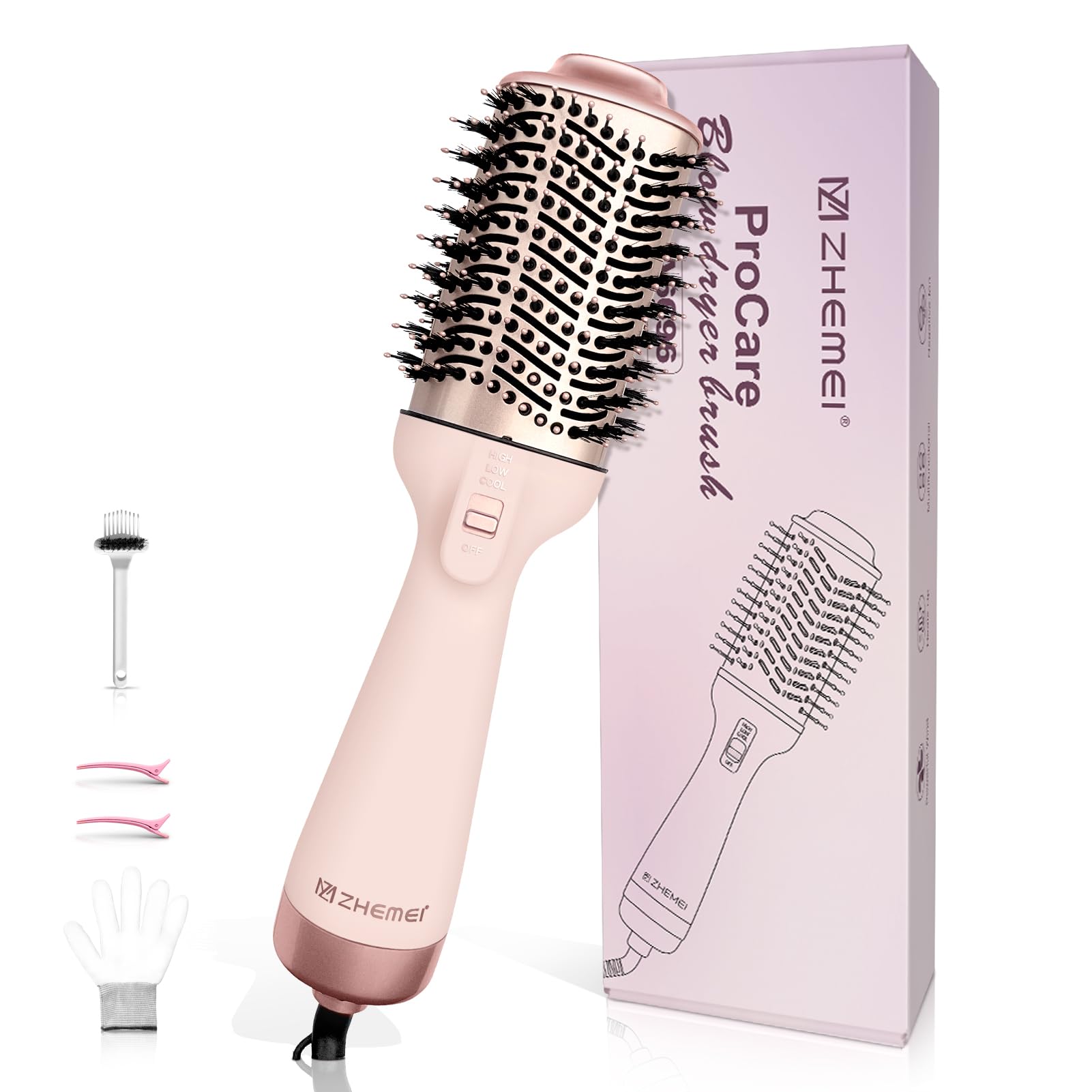 1300W Warmluftbürste, 4-in-1 Föhnbürste mit Antifrizz-Effekt, Keramik-Titan-Zylinder – Salon-Heißluftbürste für alle Haartypen (1Roségold)