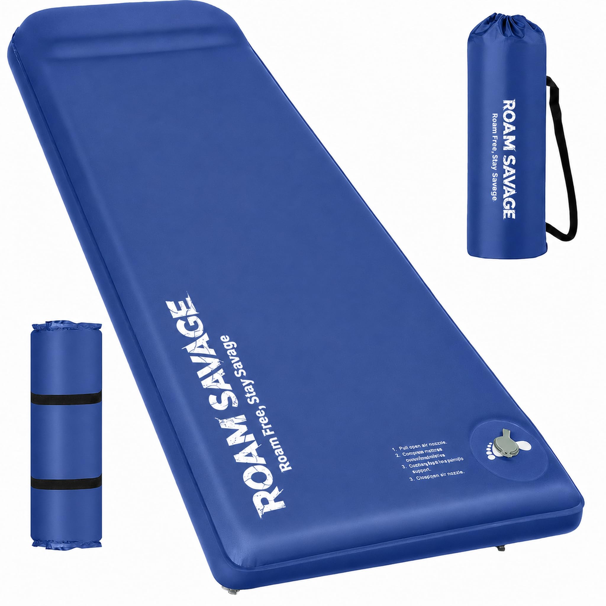 ROAM SAVAGE Tapis de camping autogonflant avec oreiller intégré, léger | R-Value 8.0 Matelas de couchage isolé, usage 4 saisons, pour randonnée, bivouac, terrasse, intérieur, soleil