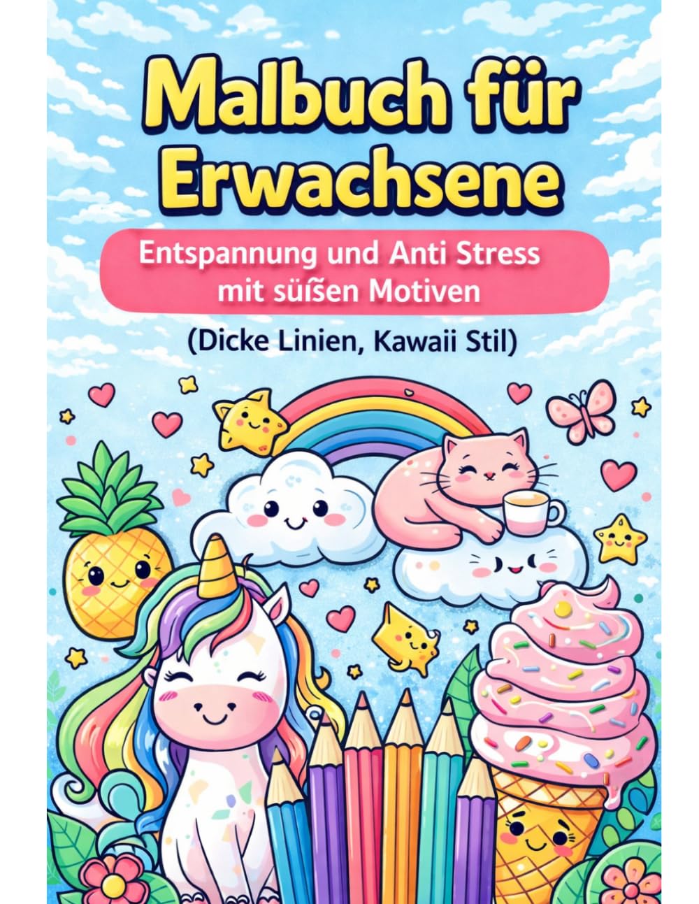 Malbuch für Erwachsene – Entspannung und Anti Stress mit süßen Motiven: (Dicke Linien, Kawaii Stil)