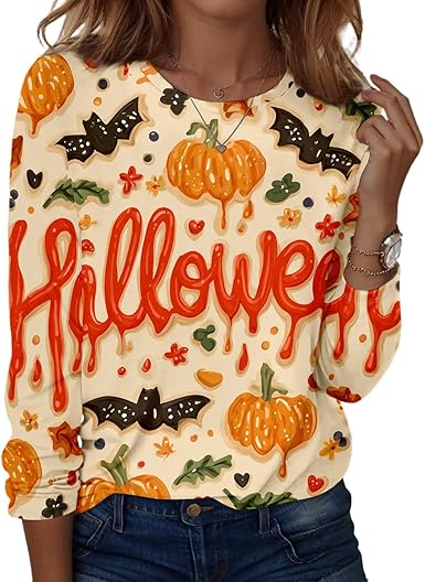 Halloween Shirts for Women Long Sleeve Plus Size Fashion Crewneck Comfortable Tshirts Halloween Costumes for Women