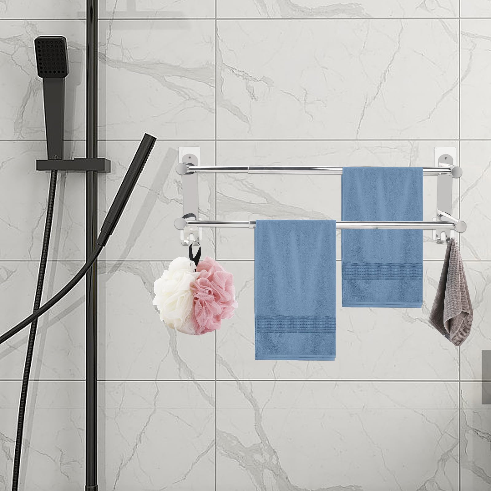 Porte-Serviettes Mural Adhésif avec 2 Crochets 40-75cm Double Bars | Porte Serviette Salle de Bain, Porte-Serviettes Acier Inoxydable 304 Adhésif pour Salle de Bain, Cuisine