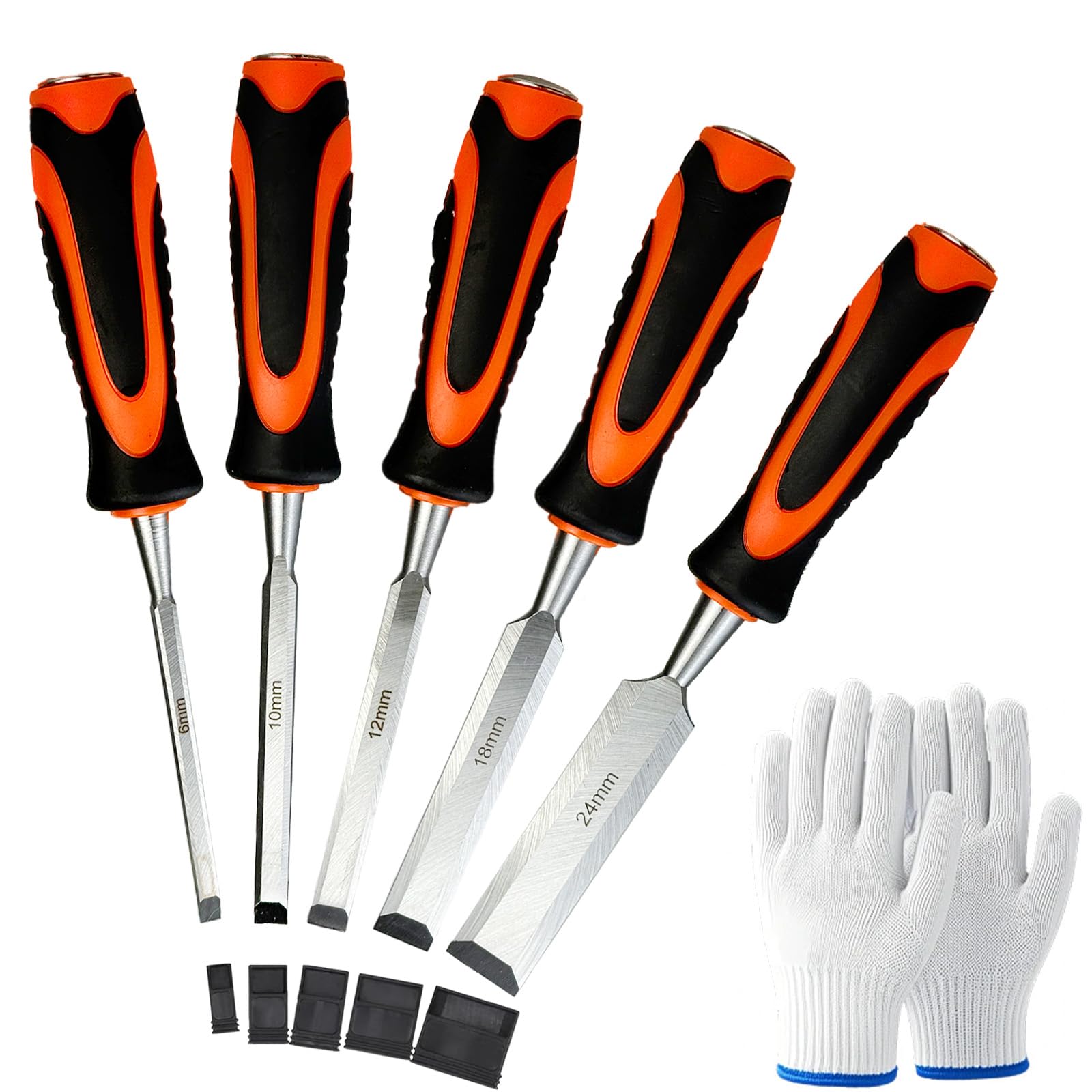 ZBXSNK 5 Pcs Wood Chisel Sets (6, 10, 12, 18 & 24mm), Professional Woodworking Tools with Gloves, Wood Carving Chisels Cr-V Bevel Edge Chisels with Steel Strike Caps