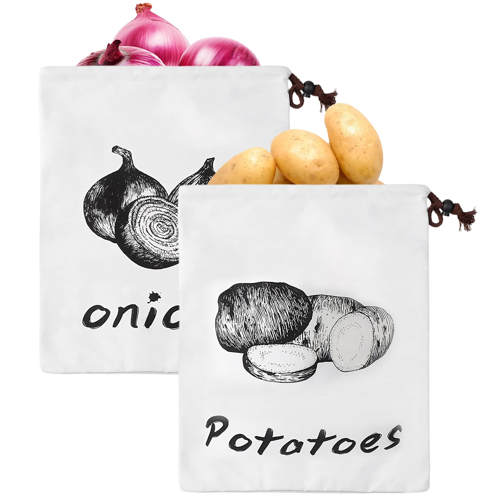 2 Pcs Potato Storage Bag & Onion Bag Reusable Potato Bags for Storing Breathable Washable Drawstring for Vegetables Keep Food Fresh (35x26cm)