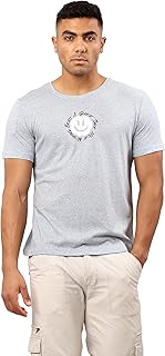 تيشرت للرجال صيفي بلون أزرق فاتح مرقش مع طباعة أمامية من ريفين