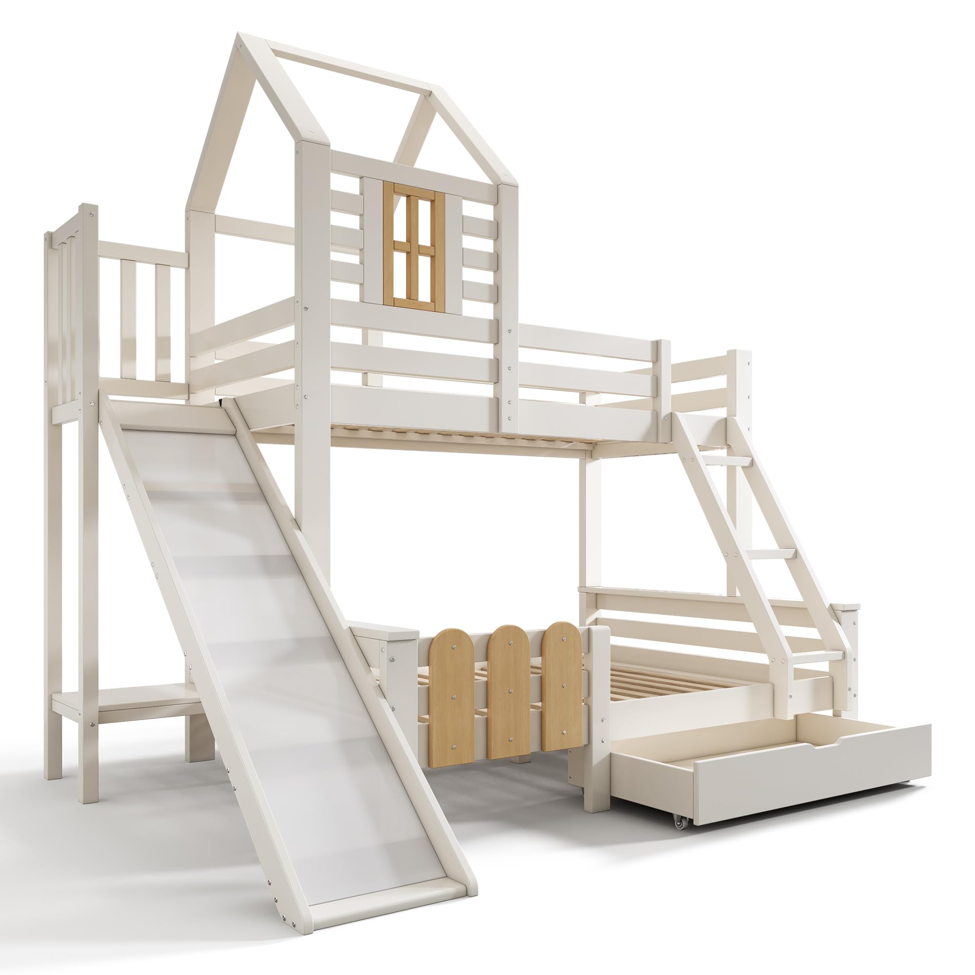 Kinderbett Etagenbett 90x200 & 140x200 mit Leiter & Rutsche, Weiß | Für Esszimmer Wohnzimmer, Hochbett Hausbett mit Bücherregal & Schubladen, Mit Lattenrost & Rausfallschutz, Ohne Matratze