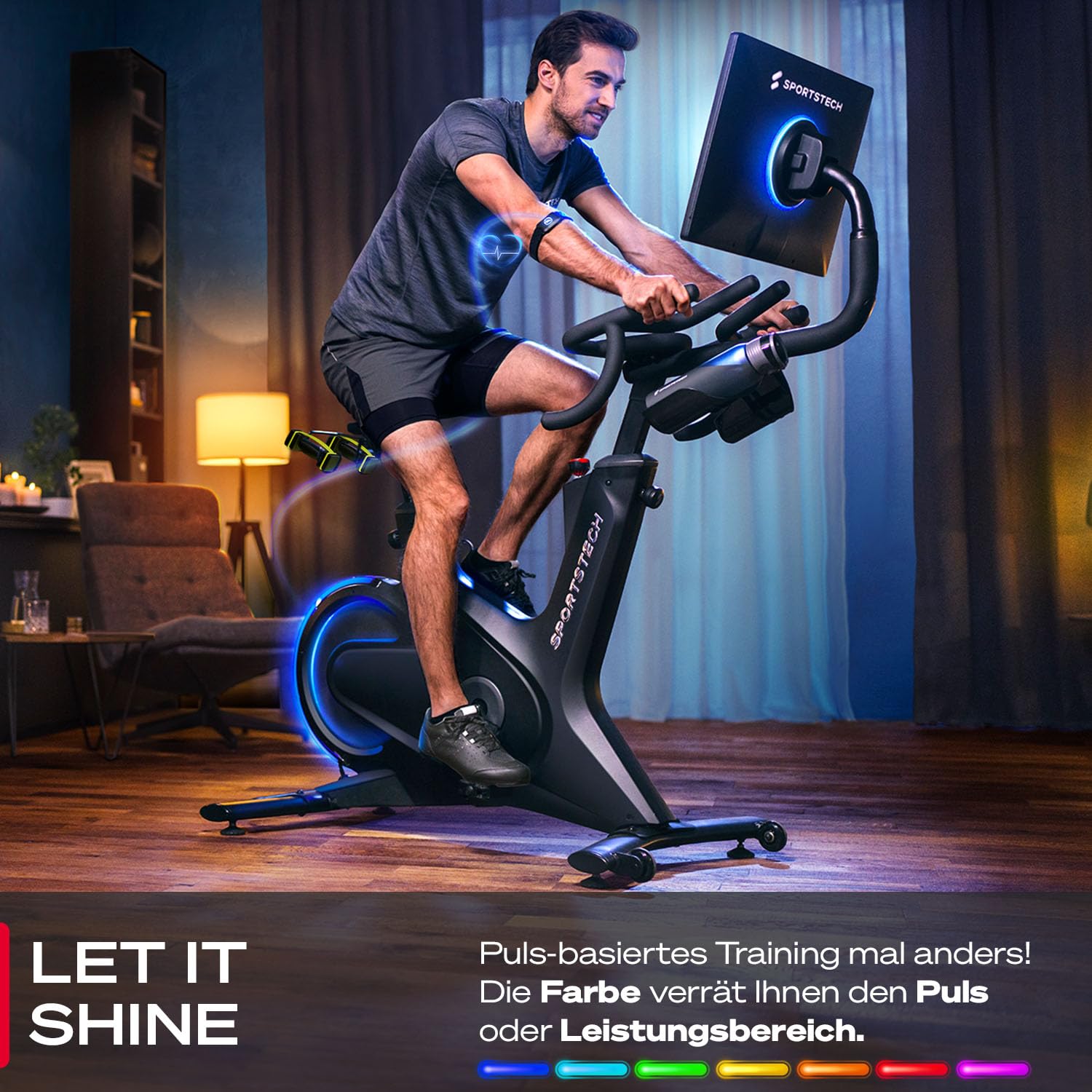 Sportstech Heimtrainer + 21.5" Touch Display - Deutsche Qualitätsmarke - APP mit Live Workouts & Kursen Fitnessbike mit patentierter LED Technologie, Ergometer, sBike