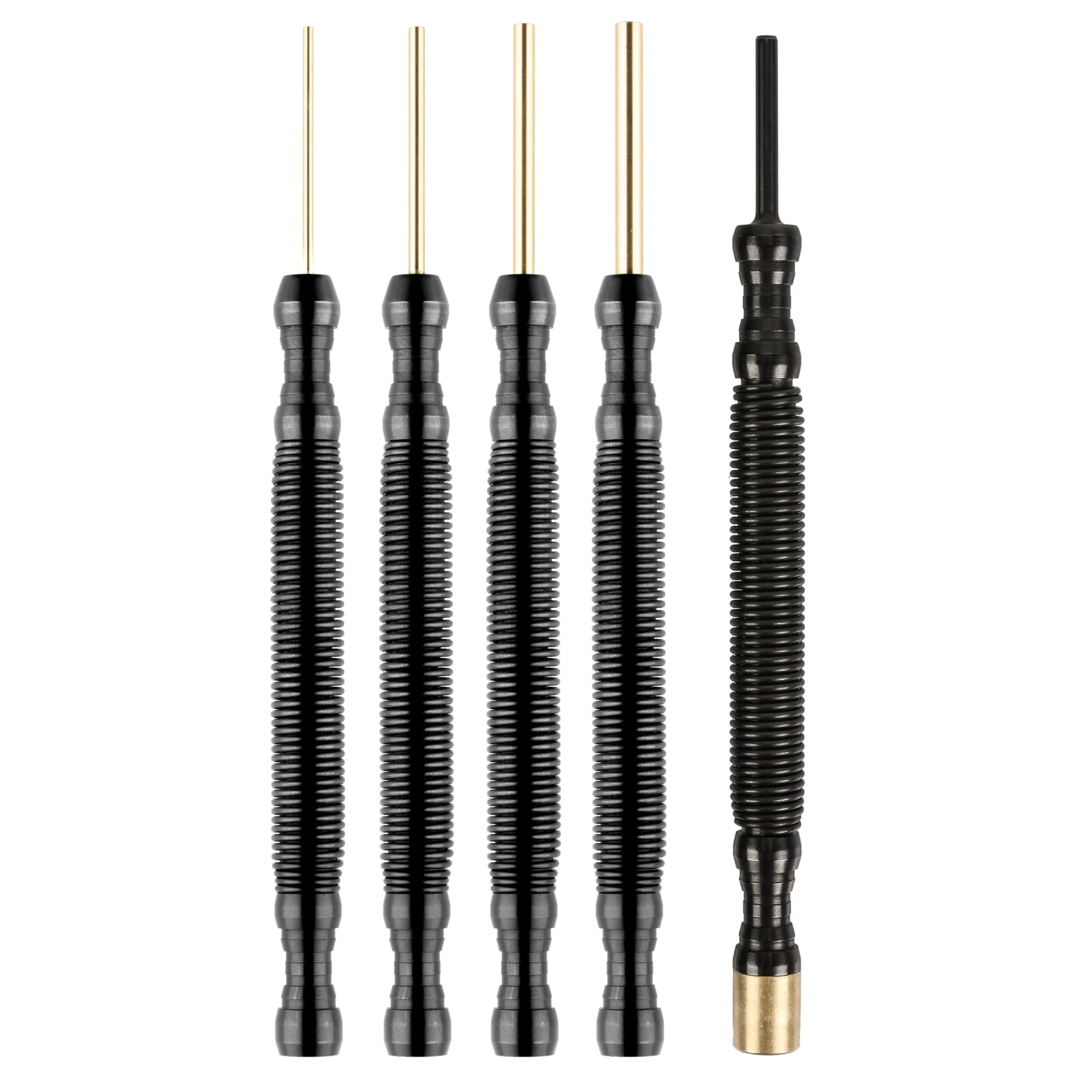 Hit Tools Juego de punzones de latón con herramienta de resorte sin martillo: punta de 1/16 x 1 3/8 pulgadas, punta de 3/32 x 1 3/8 pulgadas, punta de 1/8 x 1 3/8 pulgadas y punzón de punta de 5/32 x