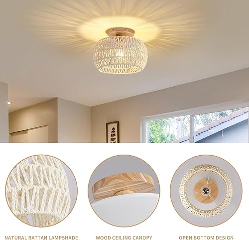 Miniatura 7 de Lámpara de techo de ratán bohemio, 3 opciones de estilo, luces de techo de mimbre semiempotradas, accesorios de luz costera blanca, candelabro de