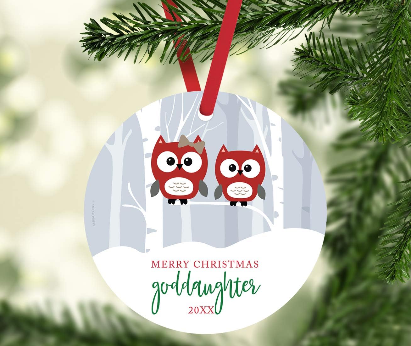 Andaz Press Family Metal Christmas Ornament, Merry Christmas Goddaughter 2024, Red Holiday Woodland Owls, 1-Pack, Includes Ribbon and Bag Goddaughter Ornament 2024 Godchild Ornament