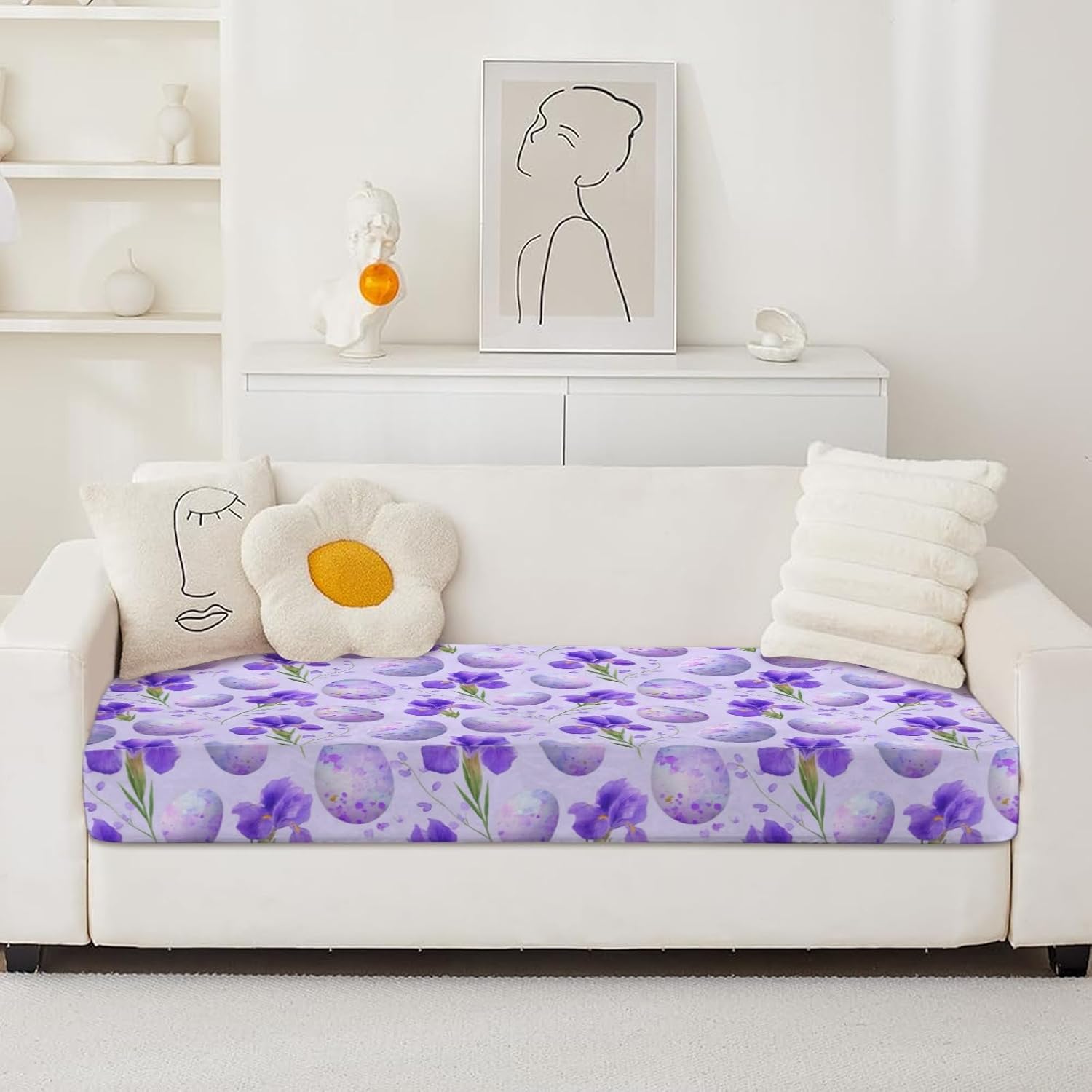 Watercolor Iris Easter Purple Loveseat Covers Couch Covers for 2 Cushion Couch, 2-Piece Stretch Sofa Slipcovers Anti-Slip Washable Furniture Protectors for Dogs Pets