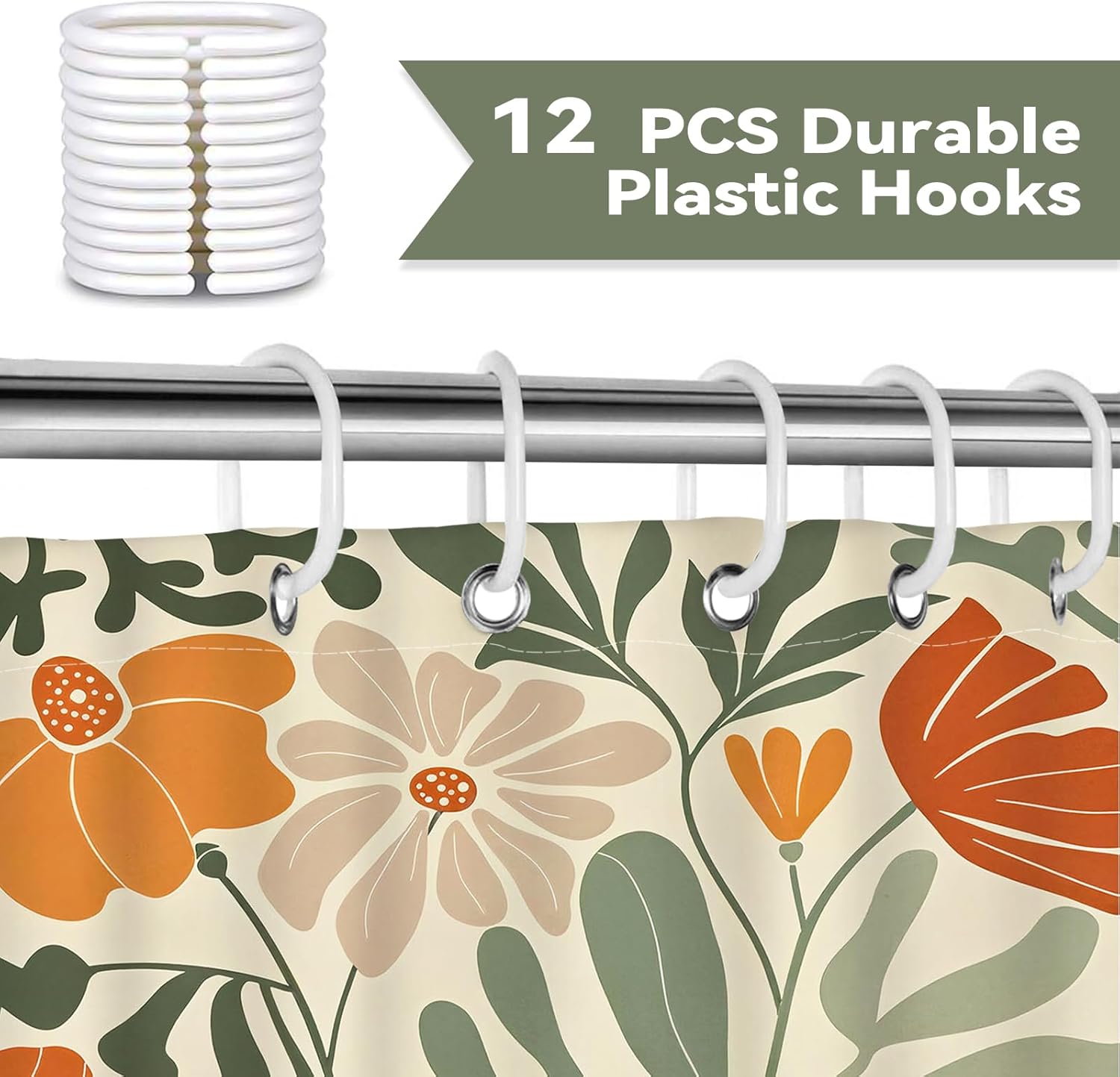 Orange Boho Shower Curtain,Cute Colorful Floral Abstract Plants Spring Bathroom Curtain with 12 Hooks,72 x 72 inch