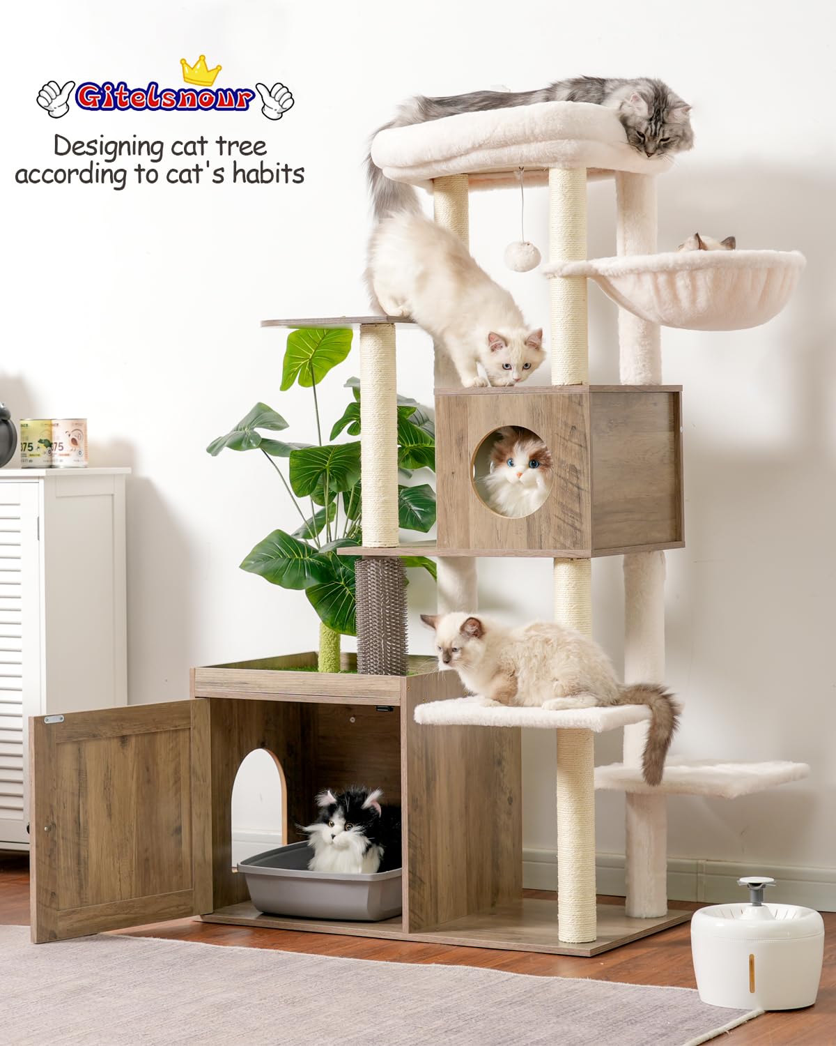 Gitelsnour Cat Tree with Litter Box Enclosure, Large Wooden Cat Tower Cat Condo for Indoor Cats with Play Garden (Leaf, Lawn, Hair Rubbers), Modern Cat House, Rustic Gray GCT110SG