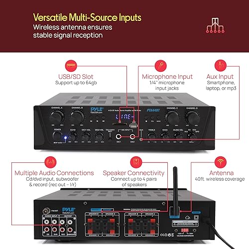 Miniatura 2 de Pyle 500W 4-Channel Karaoke Bluetooth Amplifier / Home Stereo Receiver for Wireless Music Streaming - with AUX - FM - RCA - Sub Out - USB - A / SD