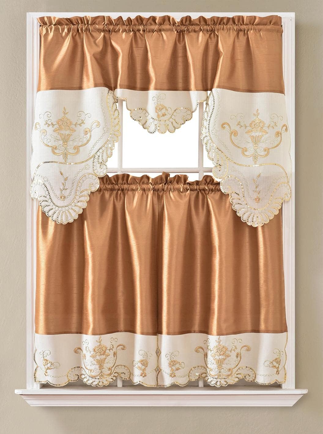 GLORY RUGS 3-Piece Kitchen Curtain Set - Gray White Valance & 2 Tiers, 100% Polyester - View #2