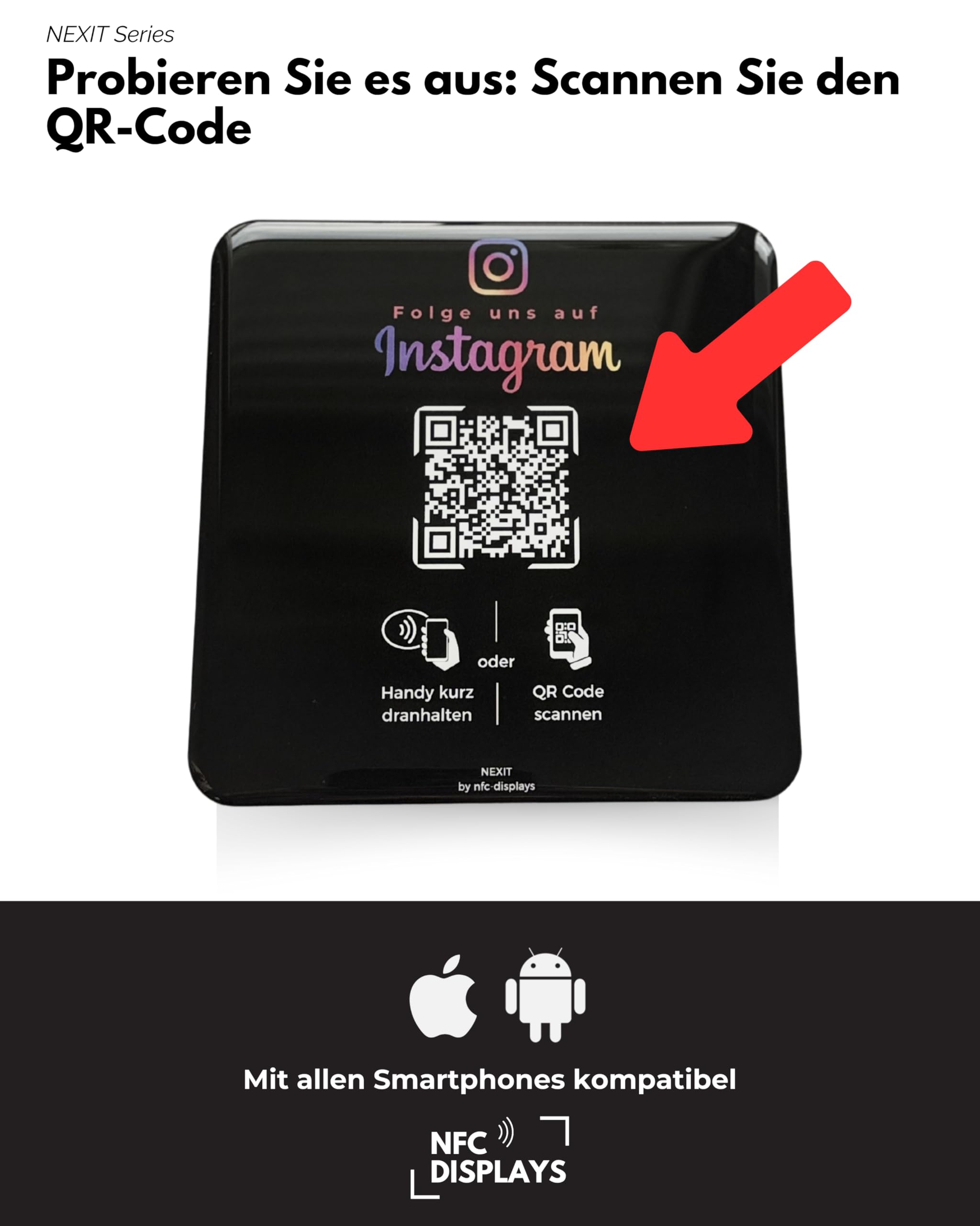 Karte/Schild für Instagram mit QR-Code und NFC (12x12cm selbstklebend) - schwarz