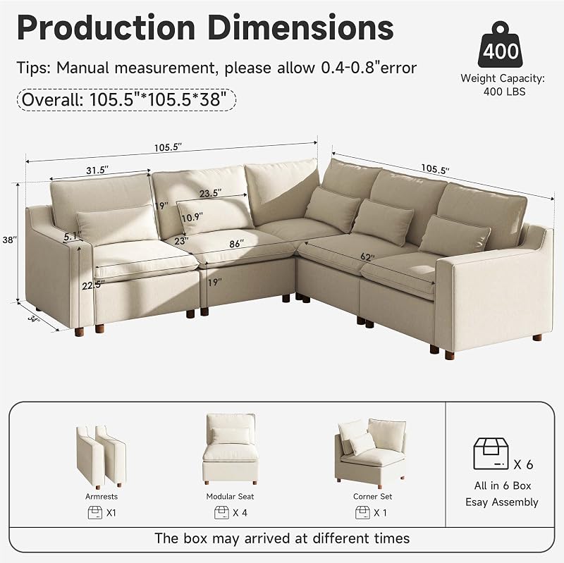 Ihanherry 134" Modular Sectional Sofa, V Shaped 5 Seater Chenille Cloud Couch with Deep Seat and Seamless Backrest, Couches for Living Room, White image 2