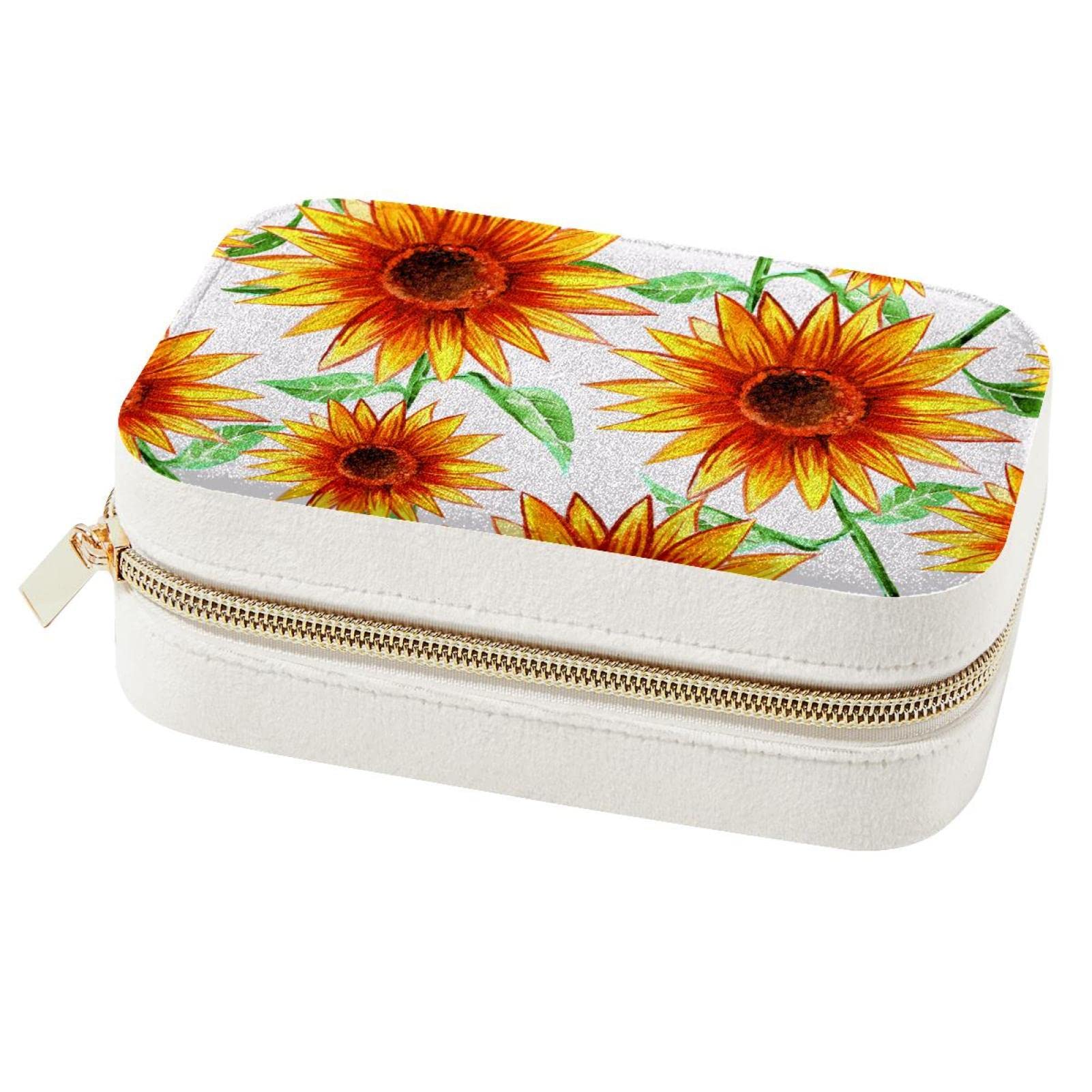 Organiseur de bijoux de voyage compact avec miroir et motif de tournesols pour femme