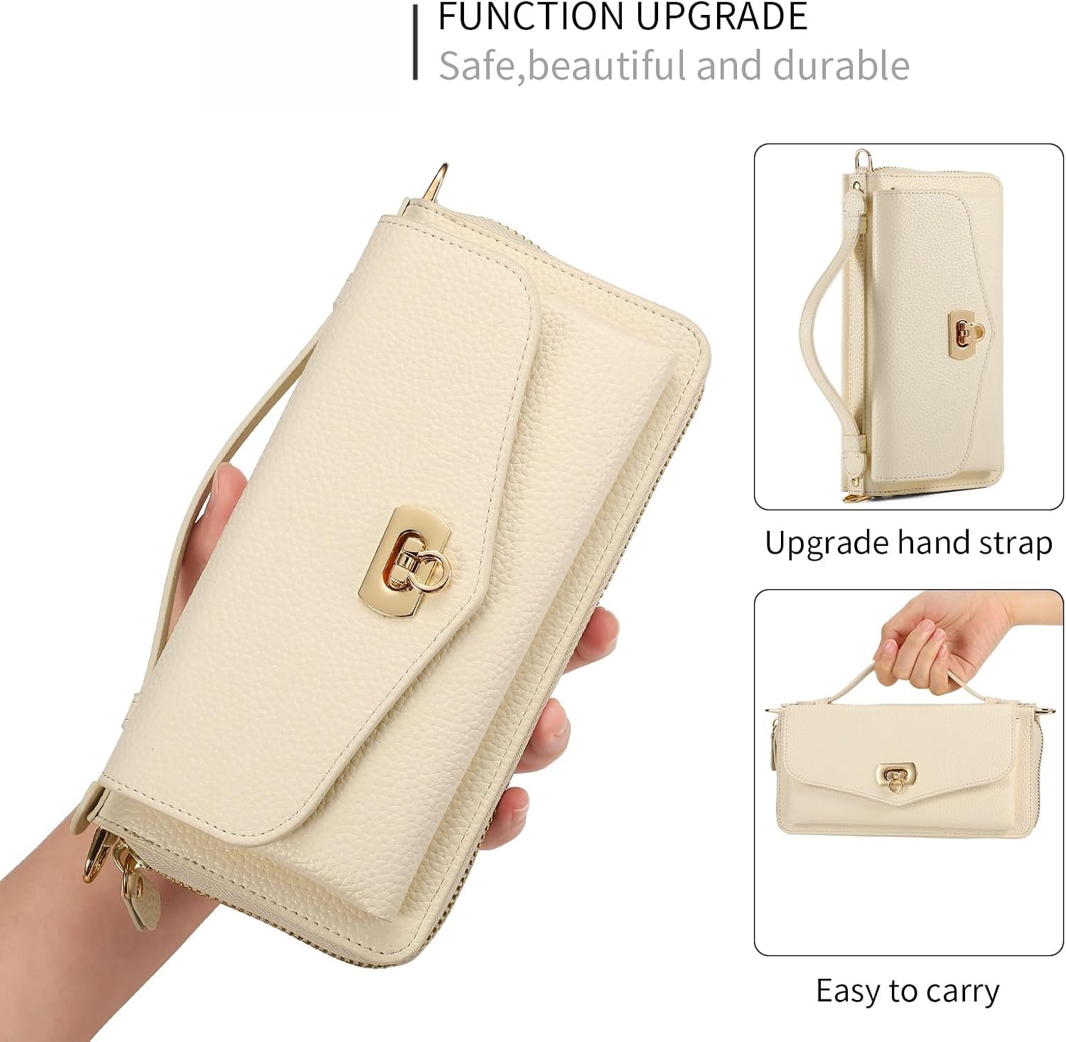 for iPhone 15 Pro Max Wallet Case, Magnetic Removable PU Leather Flip Phone Case with Card Holder, RFID Blocking Wristband, Mirrored Zipper Wallet for Women Beige