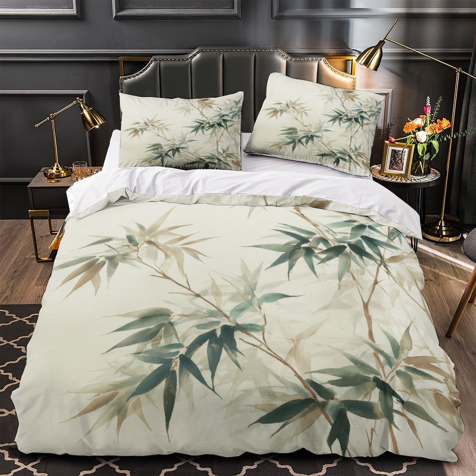 Housse de couette 2 taies éclair au design feuilles de bambou 3D haut de gamme