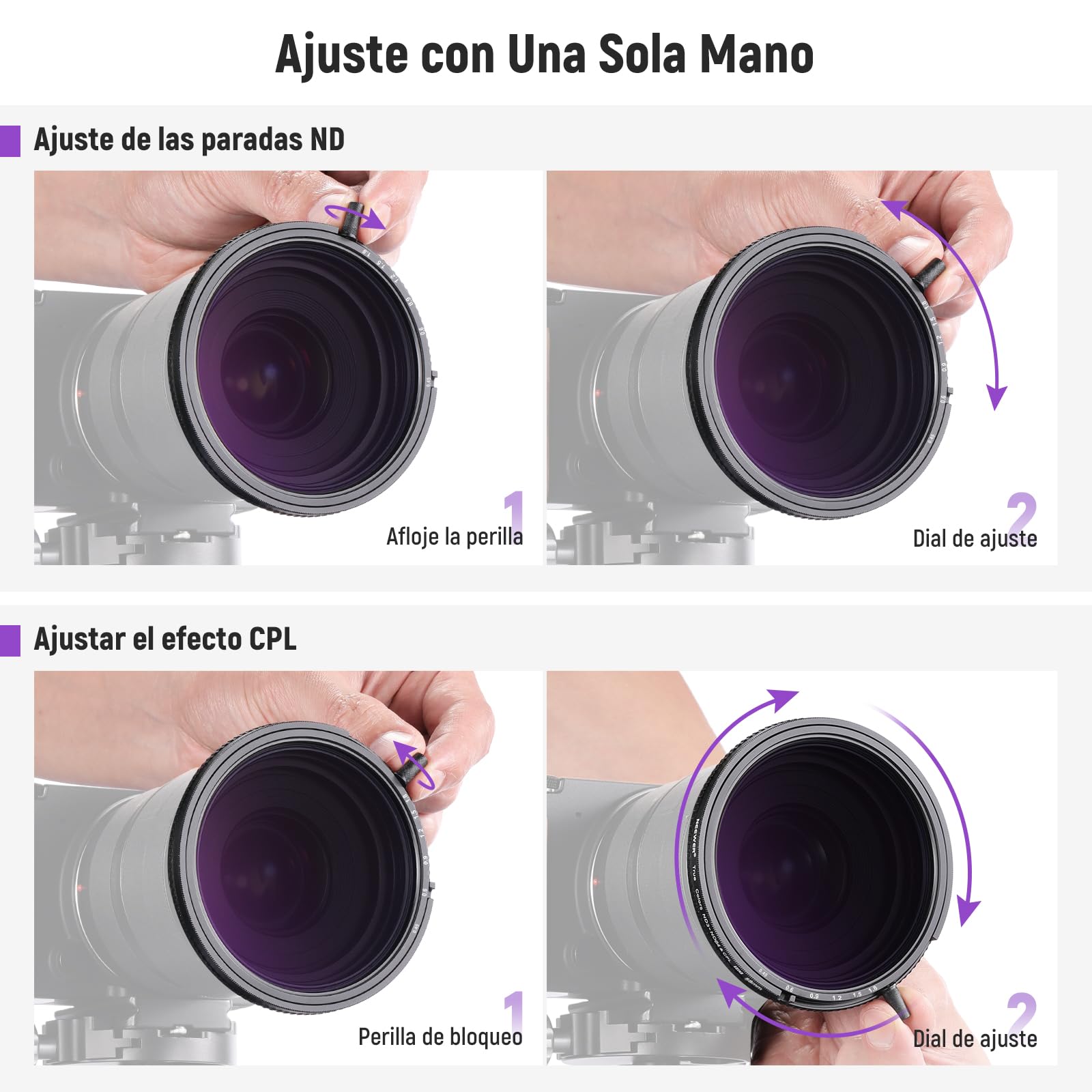 NEEWER Filtro ND y CPL Variable de 58 mm con Putter, ND3-64 (1.5-6 Paradas), 2 en 1 de Densidad Neutra Limitada Ajustable y Filtro CPL, Vidrio óptico HD Multicapa, Marco de Aluminio, Resistente a los