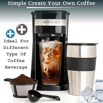 Mixpresso Single Serve & Single Cup Coffee Maker with 14oz Travel Mug Black | For ground coffee only, reusable filter, auto shut off. Compact personal drip coffee maker, not compatible with K-Cup pods.