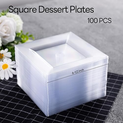 Miniatura 8 de Paquete de 100 platos cuadrados de plástico de postre rosa, platos desechables de 6.5 pulgadas, platos resistentes para fiestas, bodas, Navidad,