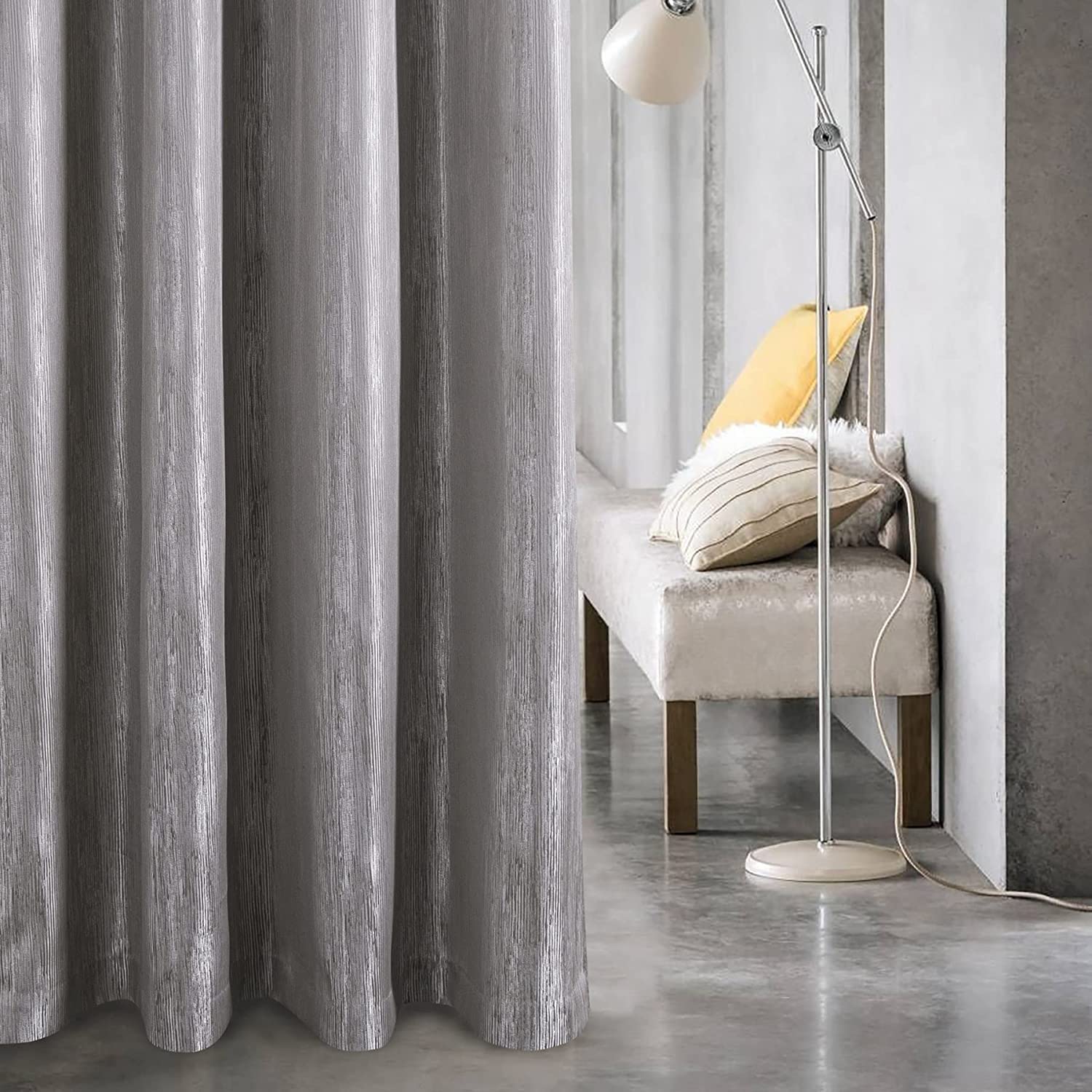 always4u Textured Jacquard Curtains Eyelet Fully Lined Room Darkening Window Drapes for Living Room Home Decoration Pair of Silver 66x72 Inches - Image 4