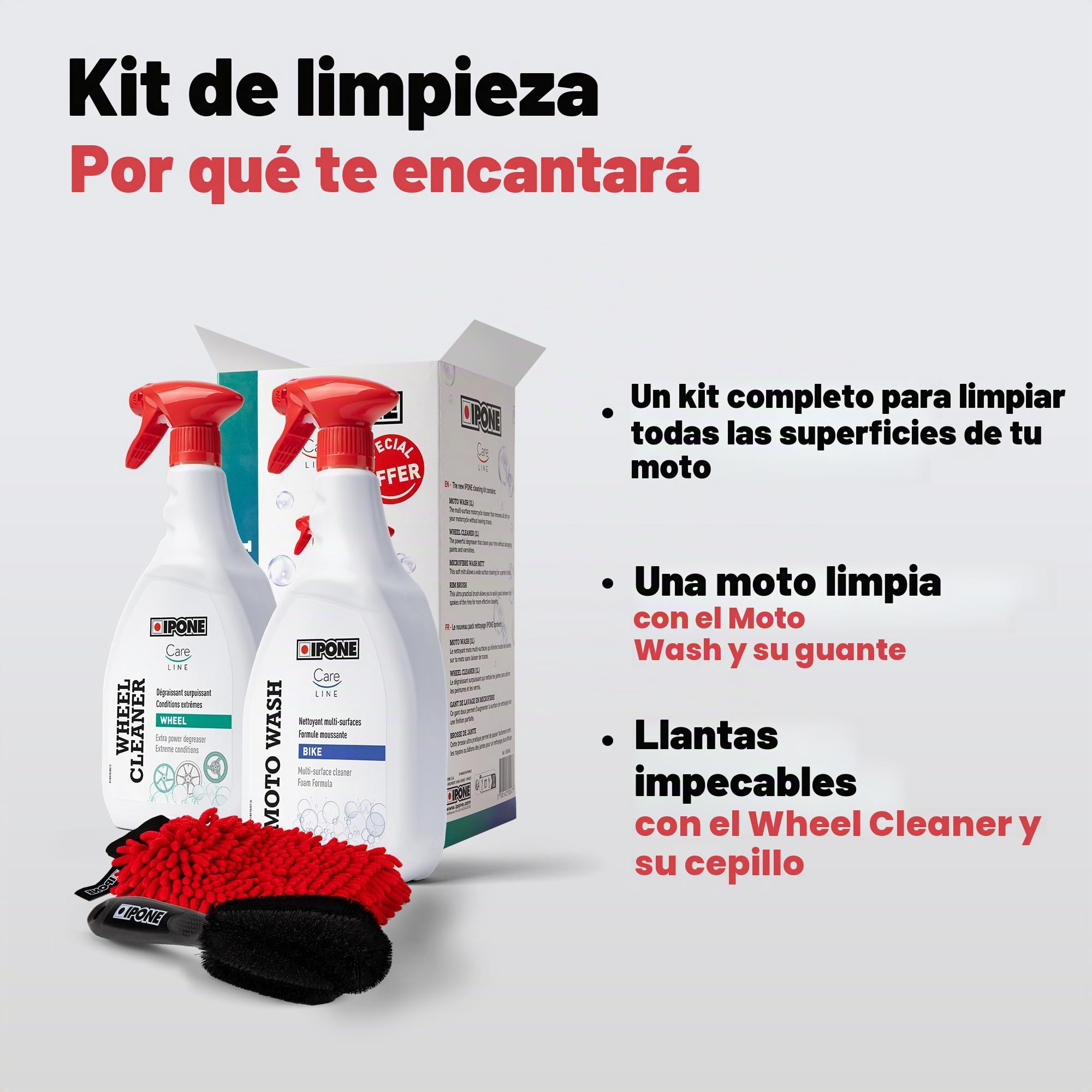IPONE - Pack de Limpieza Completa para Moto - Cleaning Kit - Moto Wash 1L + Wheel Cleaner 1L + Guante de Microfibra + Cepillo para Llantas