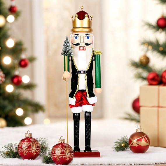 Nutcracker Christmas Decor, 15.75 Inch Collectible Soldier Nutcracker, Christmas Holiday Statue with Light & Music for Bedroom Living Room Shelf Cabinet Dinner Table Party Decor