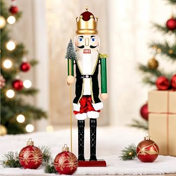 Nutcracker Christmas Decor, 15.75 Inch Collectible Soldier Nutcracker, Christmas Holiday Statue with Light & Music for Bedroom Living Room Shelf Cabinet Dinner Table Party Decor