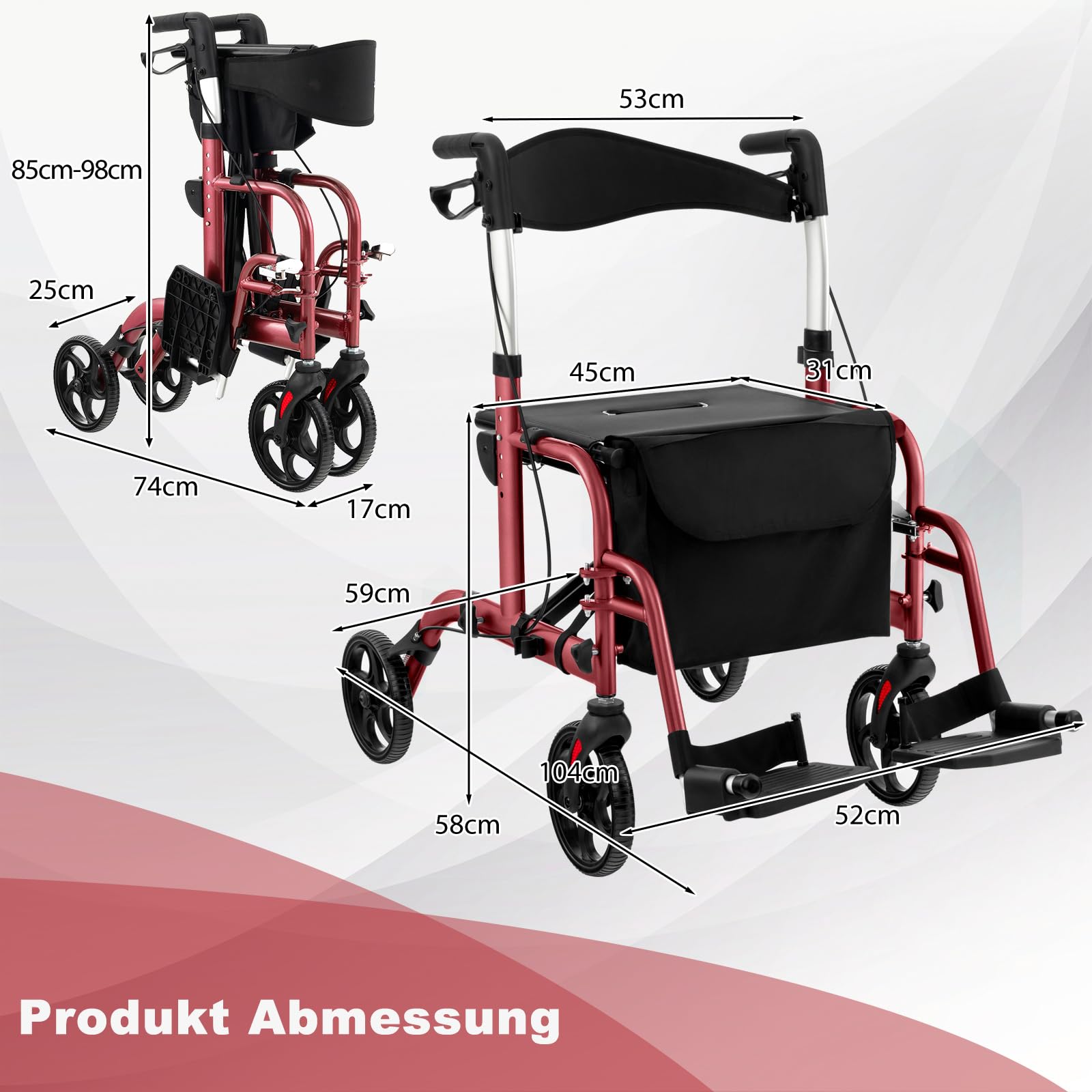 RELAX4LIFE Rollator Faltbar Leichtgewicht, 2 in 1 Rollstuhl Reiserollator, Gehwagen 6-fach Höhenverstellbar, Laufhilfe mit 2 Bremsen Stockhalter Tasche, Aluminiumlegierung bis 136 kg (Rot)
