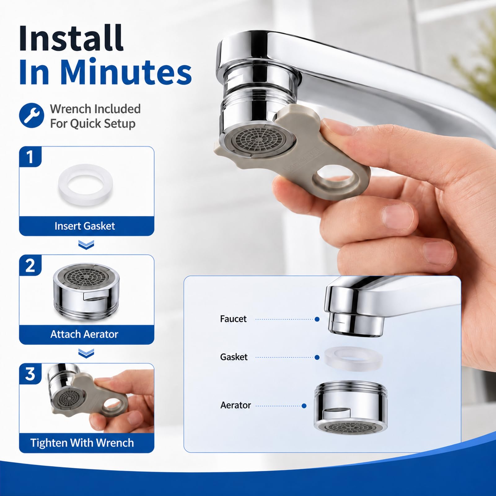 2 Stück M24 Strahlregler aus verchromtem Messing, Wassersparer für Wasserhahn mit 7 Schichten, Spritzschutzaufsätze für Küche, Badezimmer, mit Schlüssel und Dichtung