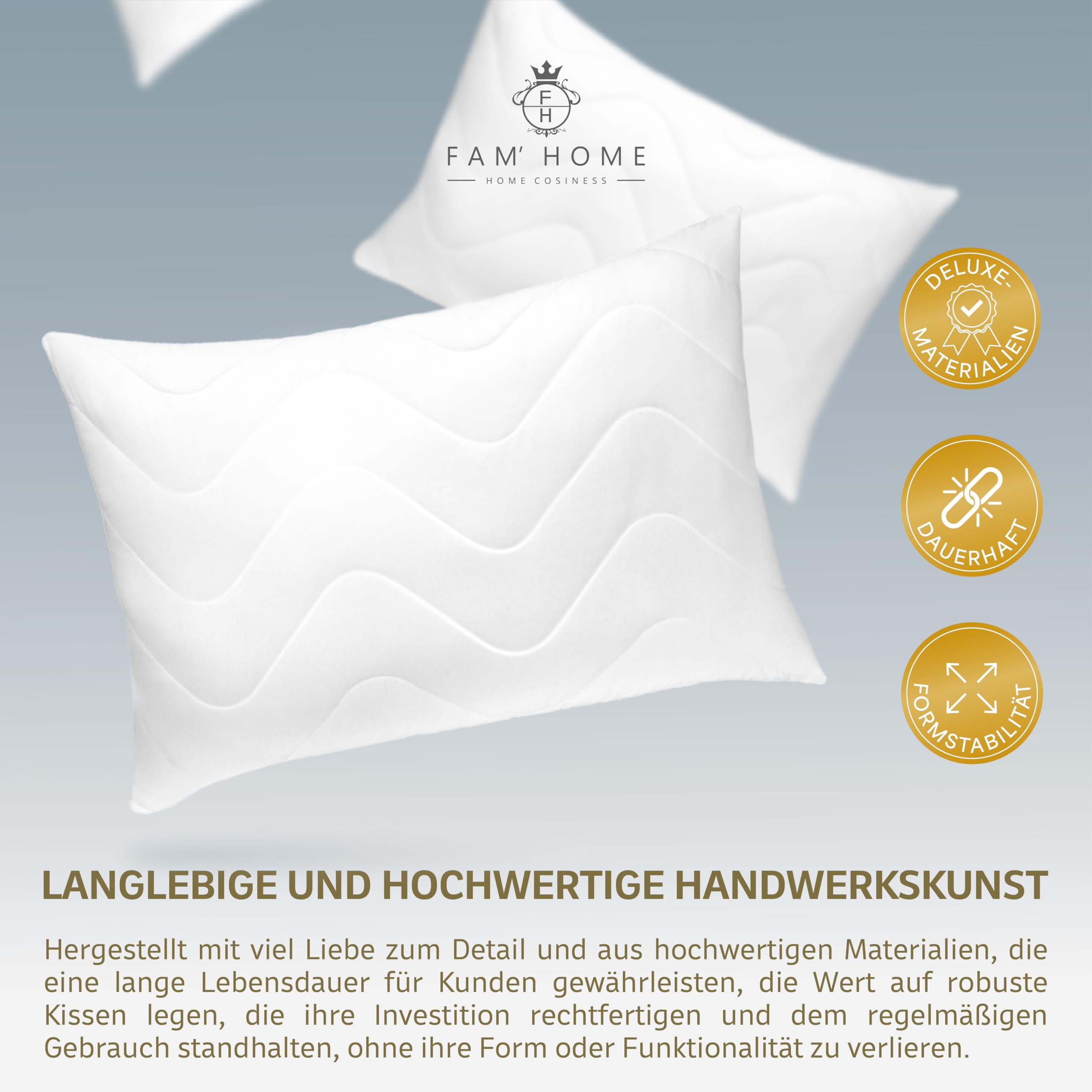 FAM' Home luksusowa poduszka 50 x 60 cm, zestaw 2 szt. – poduszka pod głowę, wypełnienie objętościowe (600 g), ergonomiczna biała poduszka do spania, łatwa pielęgnacja – poduszka dla alergików 50 x 60
