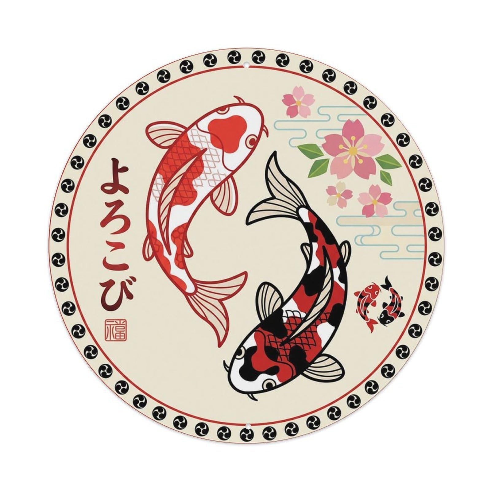 Yrnq 8X8inch Vintage Style Joyful Pair Koi Fish Ukiyo-E Metal Tin Sign