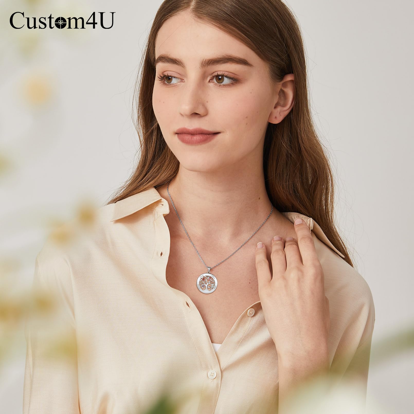 Custom4U 2-7 Nomi DIY S925 Collana con Nome Personalizzato Collana Donna Argento con Pietra Portafortuna Nomi Incisi Argento Sterling Albero della Vita Collana Amicizia