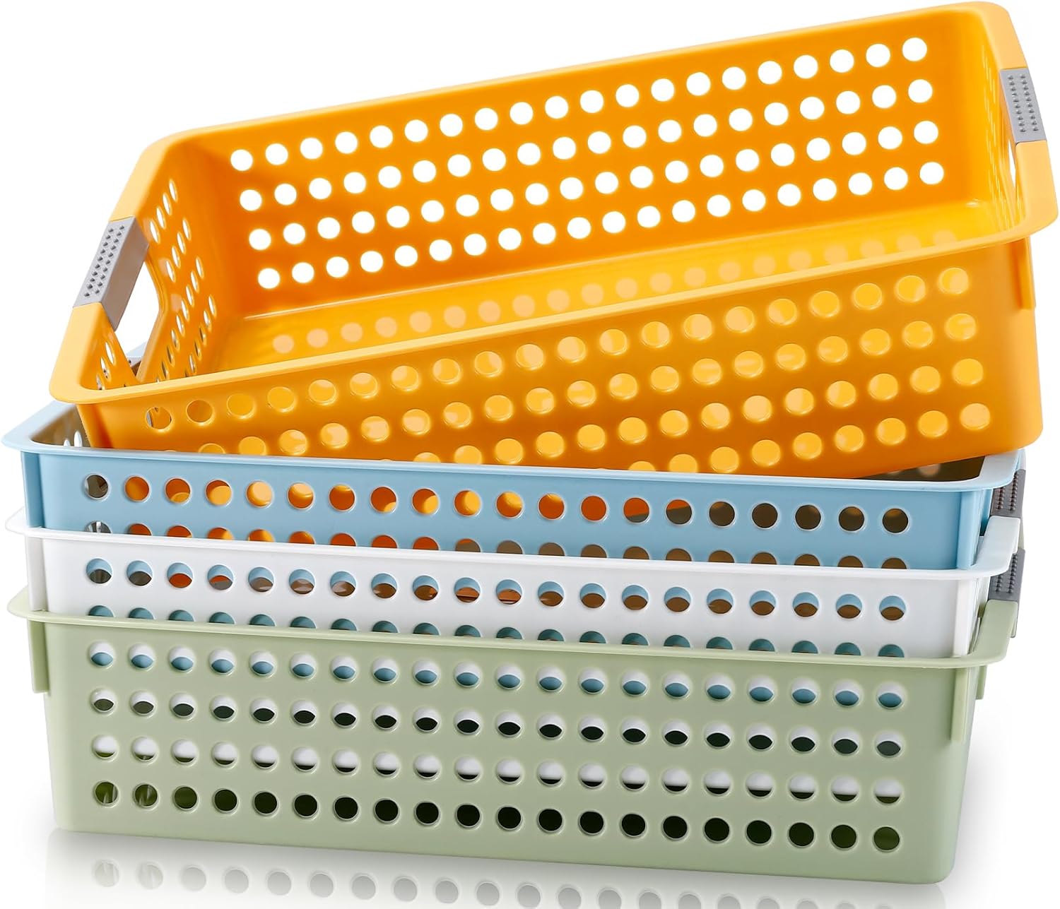 4 Pcs Turn in Trays Classroom, A4 Paper Trays for Classroom with Handles, Stackable Plastic Storage Baskets, Colorful Paper Organizer Baskets, for Library Drawers Office Home((4 Colors)