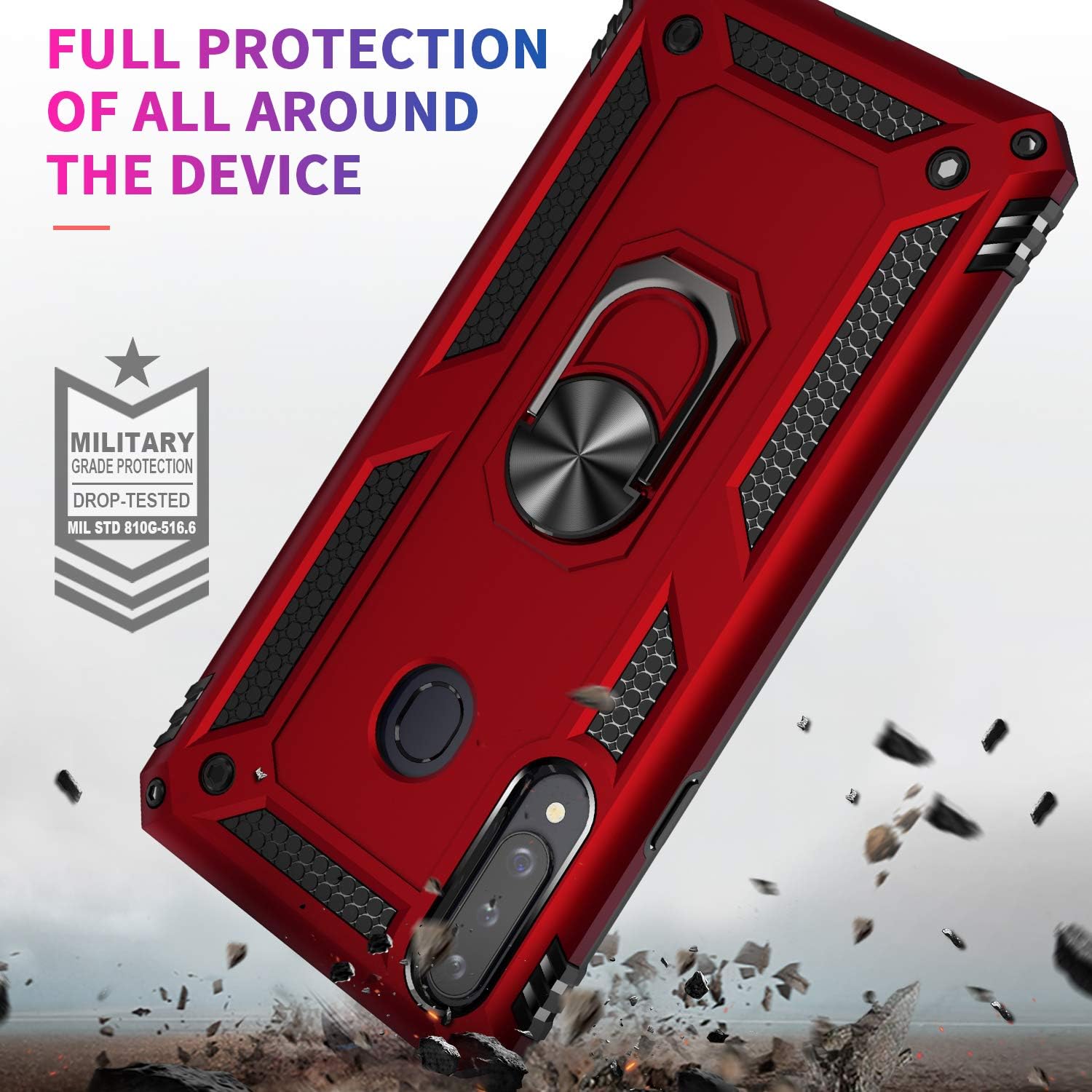 Newseego Compatible with Samsung Galaxy A20S Case, (Not Fit A20) Armor Dual Layer 2 in 1 and 360 Degree Rotating Metal Ring Holder Kickstand & Shock & Scratch Support Shockproof Hard Cover –Red