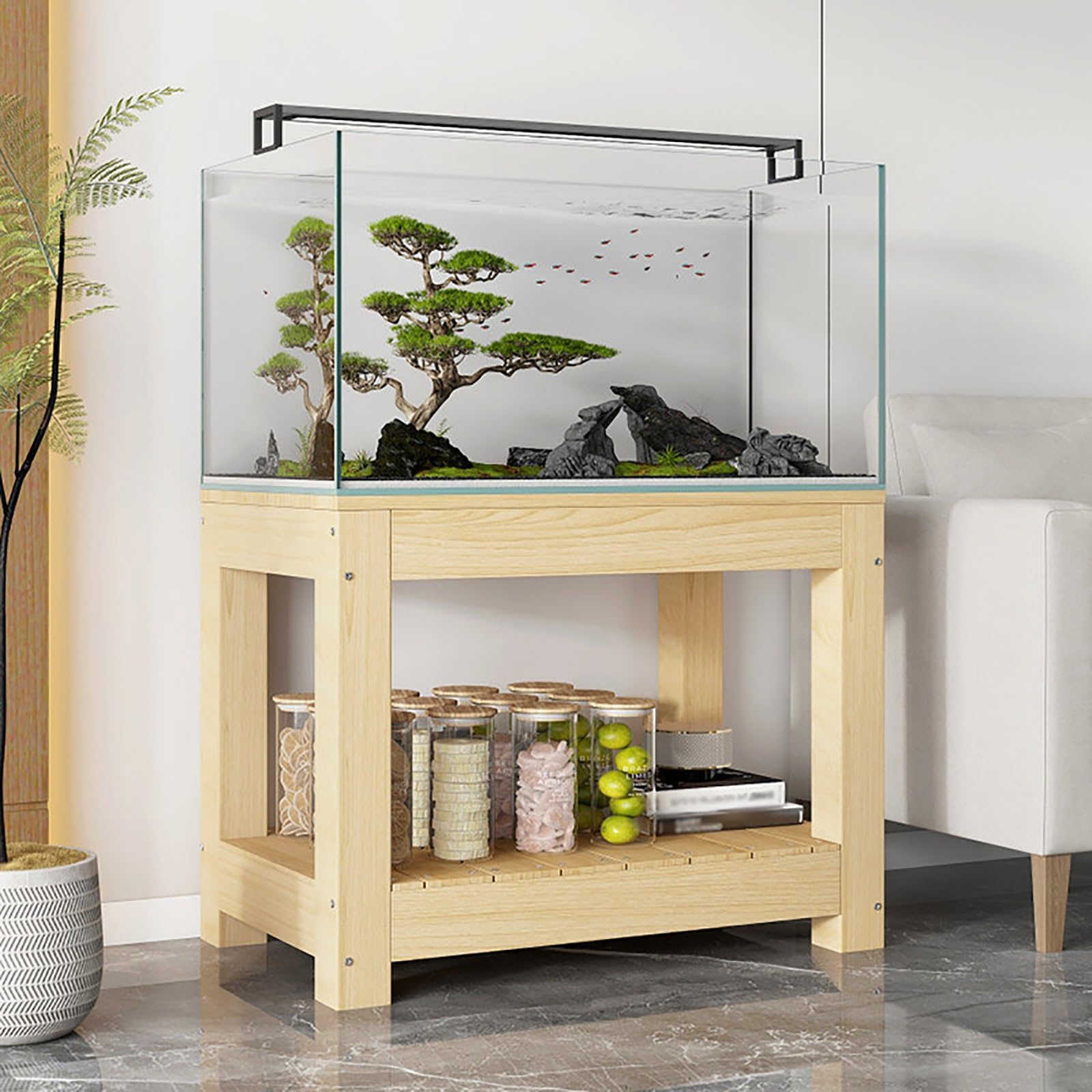 Supporto Acquario, Acquario con Mobile, Supporto per Terrario | Mobile a 2 Ripiani, in Legno Massello di Pino, Portata 500 kg, Facile da Montare(60x30x71cm/24x12x28in)