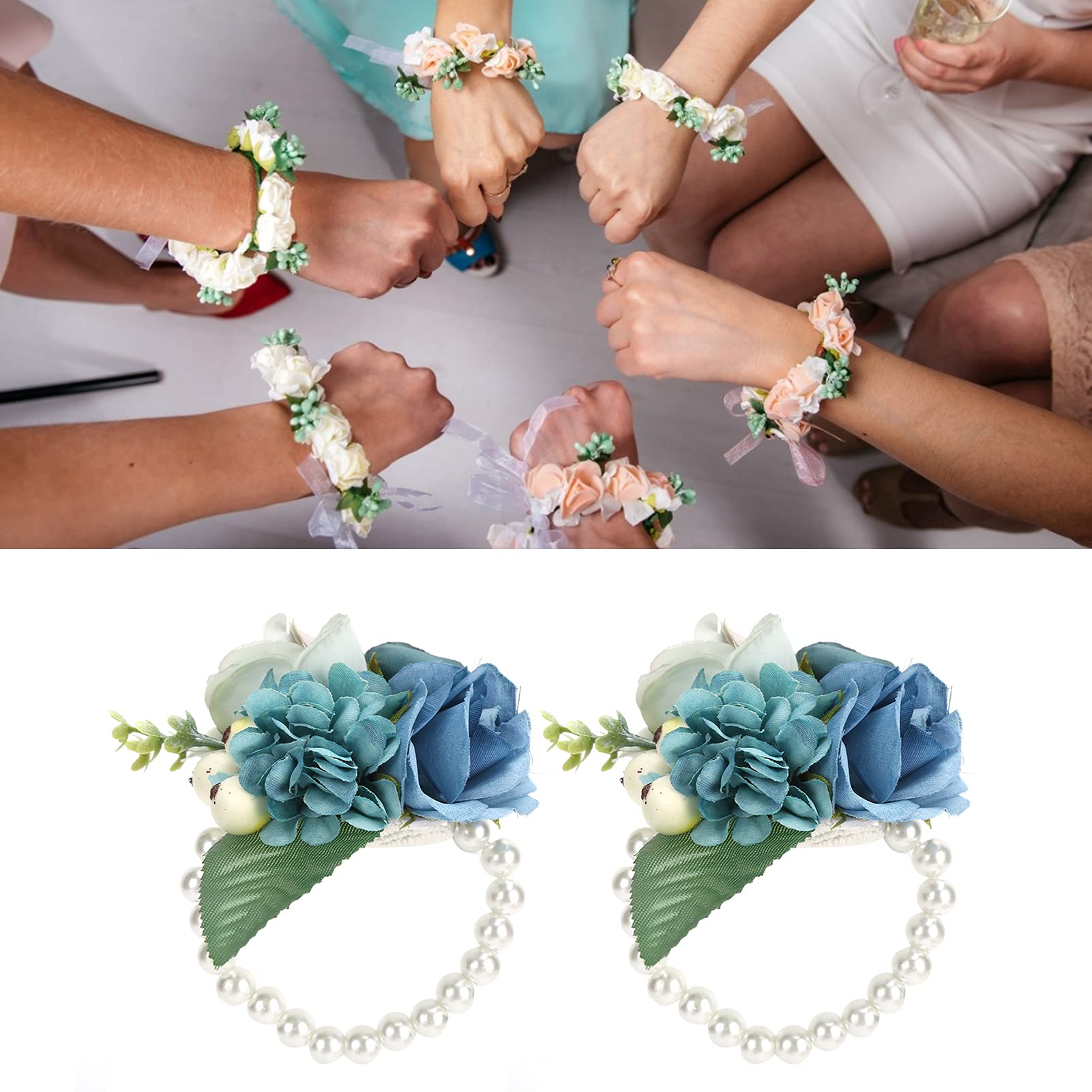 Set 2 Bouquet Da Polso Con Rose E Perle Per Damigelle - Fiori Artificiali Per Matrimonio