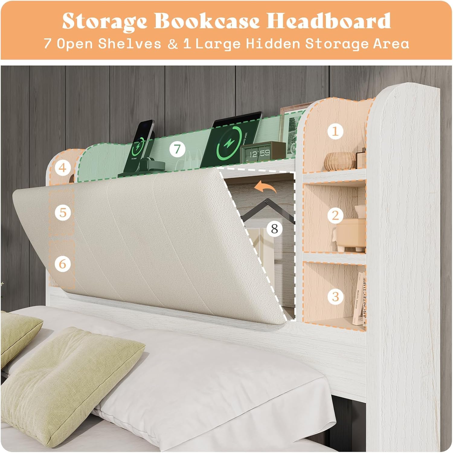 AMERLIFE Queen Size Bed Frame with Bookcase Headboard, 4 Drawers & Hidden Storage, Upholstered Cushion Backrest, Wooden Platform Bed with Charging Station, Heavy Duty Metal Frame, Rustic White