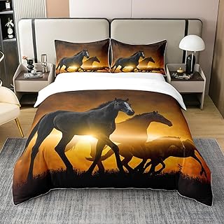 jejeloiu Horse Duvet Cover 100% Cotton Queen Size Zipper Western Cowboy Horse Running in The Sunset Bedding 100% Cotton Set Soft Farm Animal Quilted Duvet Set for Kids Boys Teens Machine Washable